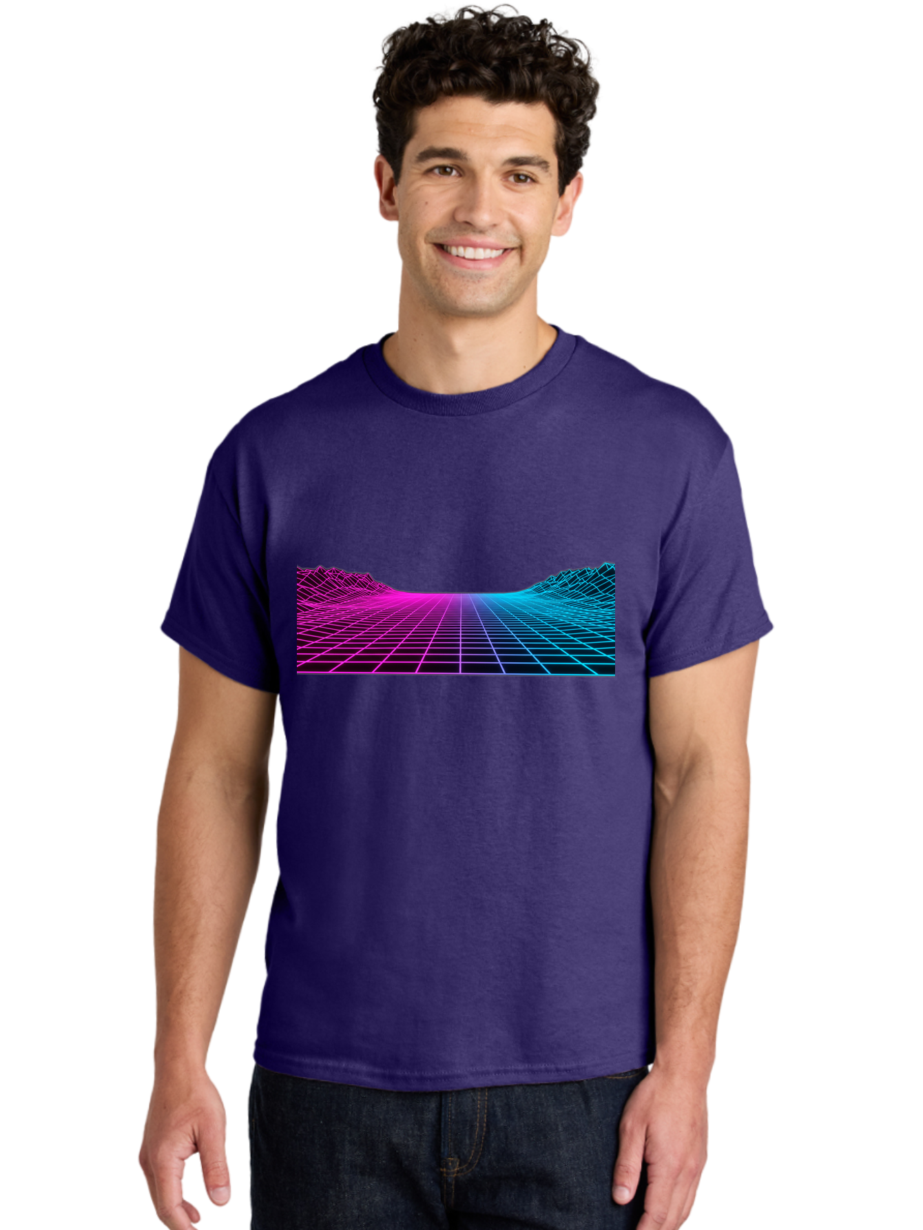 Retro-Futuristic-Grid-Landscape Men'S Graphic Tee, 100% Cotton, Comfortable Casual Summer Wear, Machine Washable, Retro Futuristic Landscape, Neon Grid, Synthwave Style, Futuristic Terrain, 80S Aesthetic, Digital Art, Vibrant Colors, Bab333
