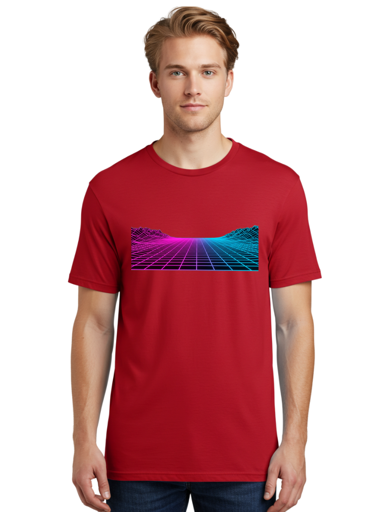 Retro-Futuristic-Grid-Landscape Men'S Graphic Tee, 100% Cotton, Comfortable Casual Summer Wear, Machine Washable, Retro Futuristic Landscape, Neon Grid, Synthwave Style, Futuristic Terrain, 80S Aesthetic, Digital Art, Vibrant Colors, Bab333