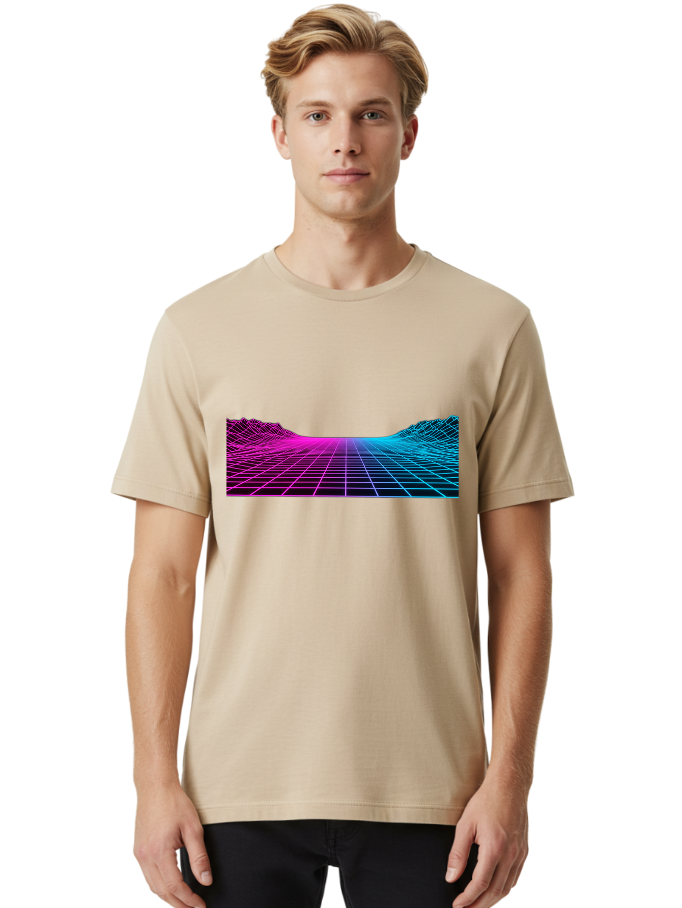 Retro-Futuristic-Grid-Landscape Men'S Graphic Tee, 100% Cotton, Comfortable Casual Summer Wear, Machine Washable, Retro Futuristic Landscape, Neon Grid, Synthwave Style, Futuristic Terrain, 80S Aesthetic, Digital Art, Vibrant Colors, Bab333