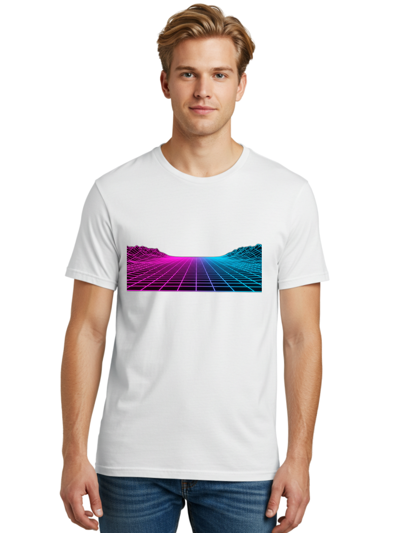 Retro-Futuristic-Grid-Landscape Men'S Graphic Tee, 100% Cotton, Comfortable Casual Summer Wear, Machine Washable, Retro Futuristic Landscape, Neon Grid, Synthwave Style, Futuristic Terrain, 80S Aesthetic, Digital Art, Vibrant Colors, Bab333