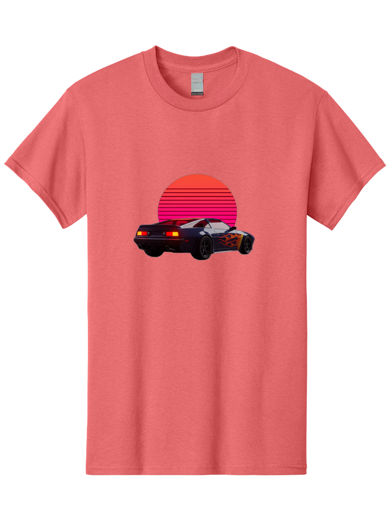 Retro-Sports-Car-1 Men'S Graphic Tee, 100% Cotton, Comfortable Casual Summer Wear, Machine Washable, Retro Sports Car, Flame Design, Vintage Vehicle, 80S Car Culture, Neon Lights, Synth Wave, Red Sun, Vintage Graphics, Retro Futuristic Bab334