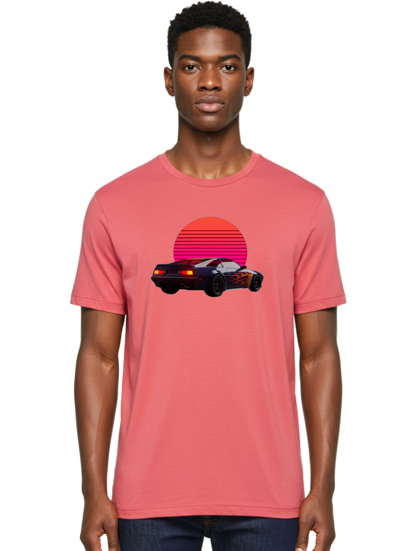 Retro-Sports-Car-1 Men'S Graphic Tee, 100% Cotton, Comfortable Casual Summer Wear, Machine Washable, Retro Sports Car, Flame Design, Vintage Vehicle, 80S Car Culture, Neon Lights, Synth Wave, Red Sun, Vintage Graphics, Retro Futuristic Bab334