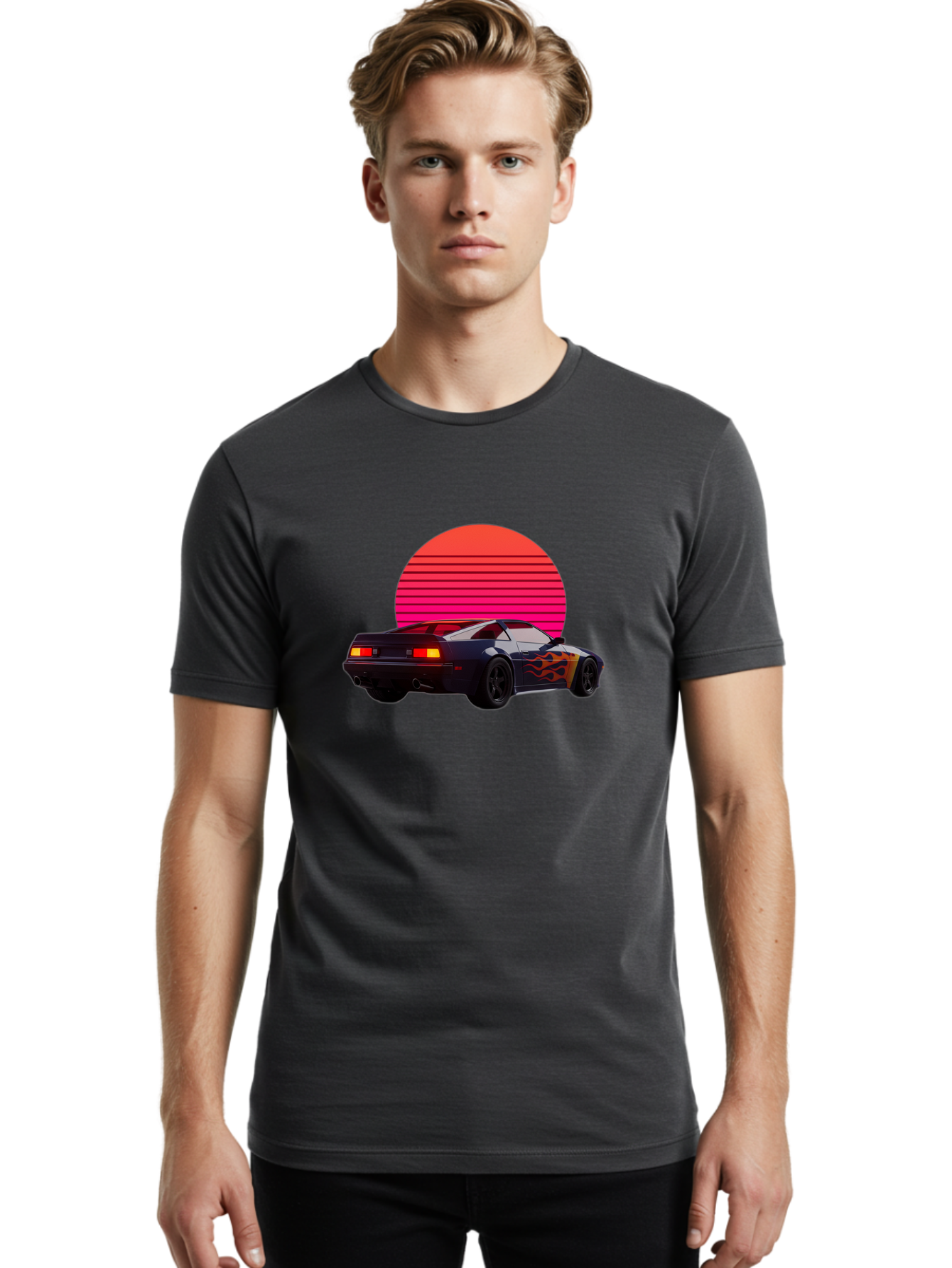 Retro-Sports-Car-1 Men'S Graphic Tee, 100% Cotton, Comfortable Casual Summer Wear, Machine Washable, Retro Sports Car, Flame Design, Vintage Vehicle, 80S Car Culture, Neon Lights, Synth Wave, Red Sun, Vintage Graphics, Retro Futuristic Bab334