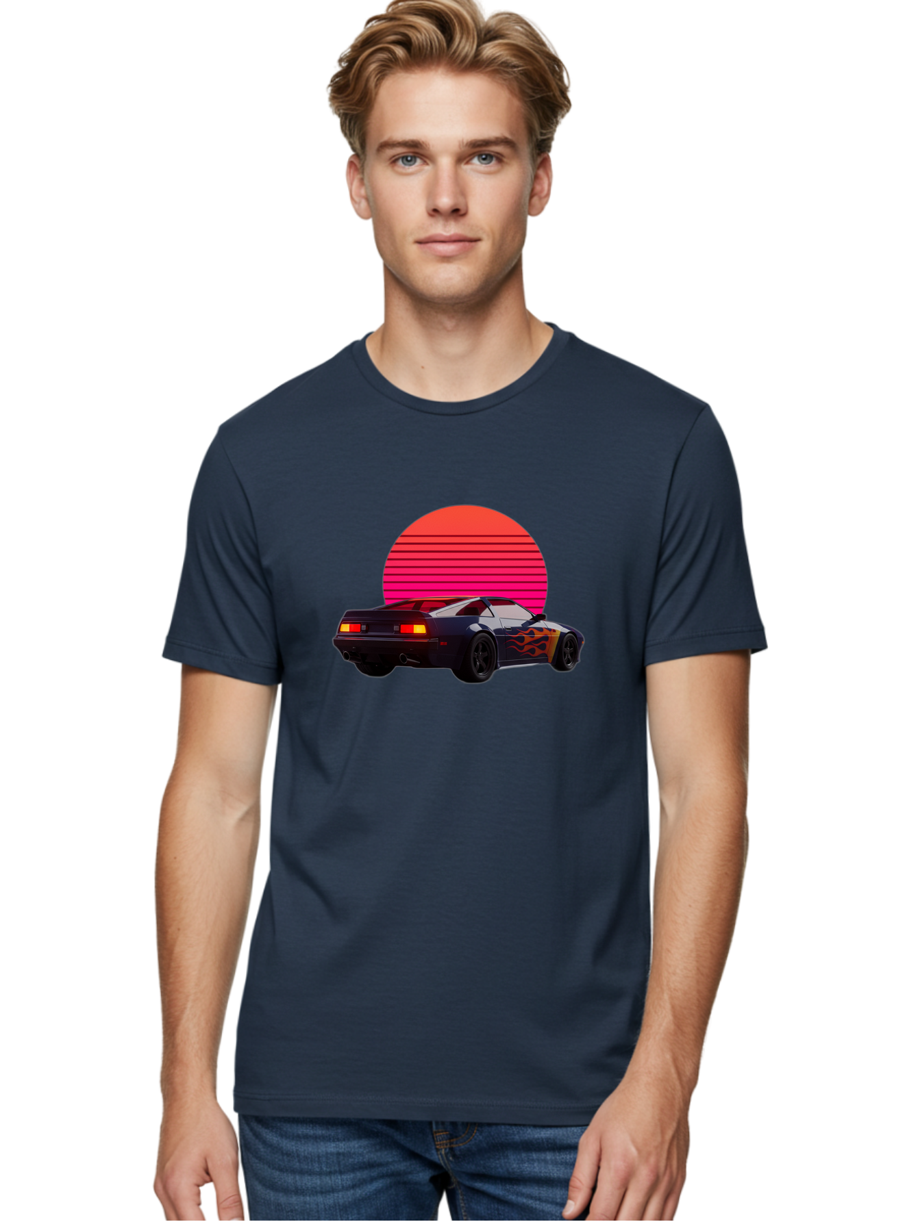 Retro-Sports-Car-1 Men'S Graphic Tee, 100% Cotton, Comfortable Casual Summer Wear, Machine Washable, Retro Sports Car, Flame Design, Vintage Vehicle, 80S Car Culture, Neon Lights, Synth Wave, Red Sun, Vintage Graphics, Retro Futuristic Bab334