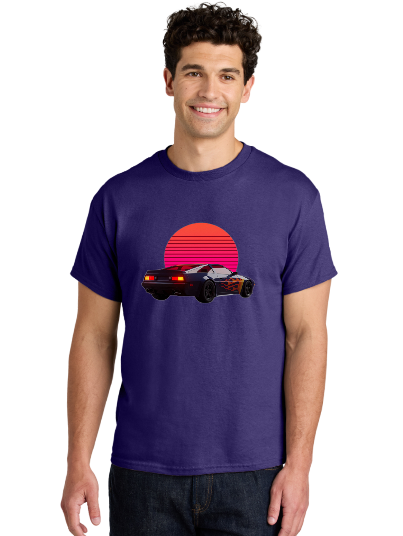 Retro-Sports-Car-1 Men'S Graphic Tee, 100% Cotton, Comfortable Casual Summer Wear, Machine Washable, Retro Sports Car, Flame Design, Vintage Vehicle, 80S Car Culture, Neon Lights, Synth Wave, Red Sun, Vintage Graphics, Retro Futuristic Bab334