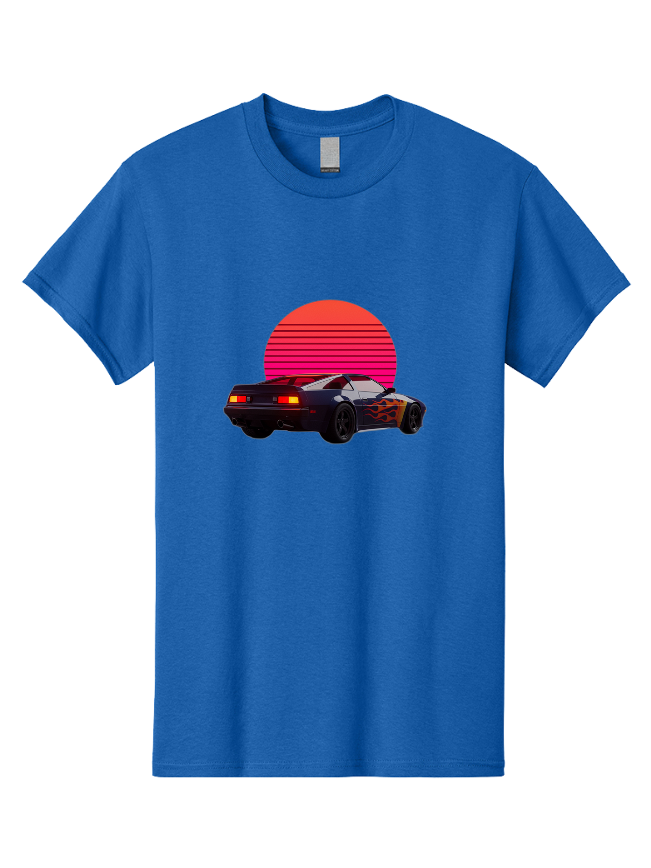 Retro-Sports-Car-1 Men'S Graphic Tee, 100% Cotton, Comfortable Casual Summer Wear, Machine Washable, Retro Sports Car, Flame Design, Vintage Vehicle, 80S Car Culture, Neon Lights, Synth Wave, Red Sun, Vintage Graphics, Retro Futuristic Bab334