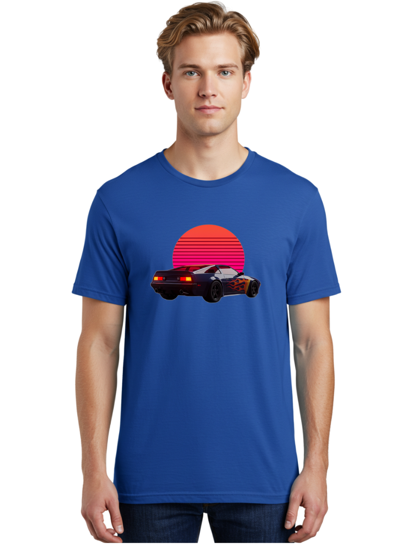 Retro-Sports-Car-1 Men'S Graphic Tee, 100% Cotton, Comfortable Casual Summer Wear, Machine Washable, Retro Sports Car, Flame Design, Vintage Vehicle, 80S Car Culture, Neon Lights, Synth Wave, Red Sun, Vintage Graphics, Retro Futuristic Bab334