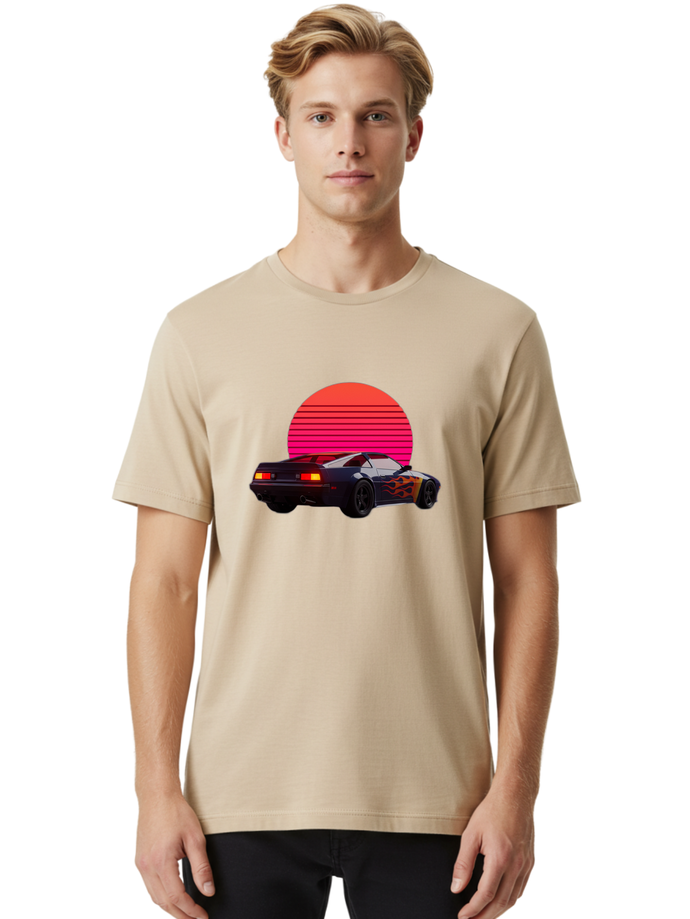 Retro-Sports-Car-1 Men'S Graphic Tee, 100% Cotton, Comfortable Casual Summer Wear, Machine Washable, Retro Sports Car, Flame Design, Vintage Vehicle, 80S Car Culture, Neon Lights, Synth Wave, Red Sun, Vintage Graphics, Retro Futuristic Bab334