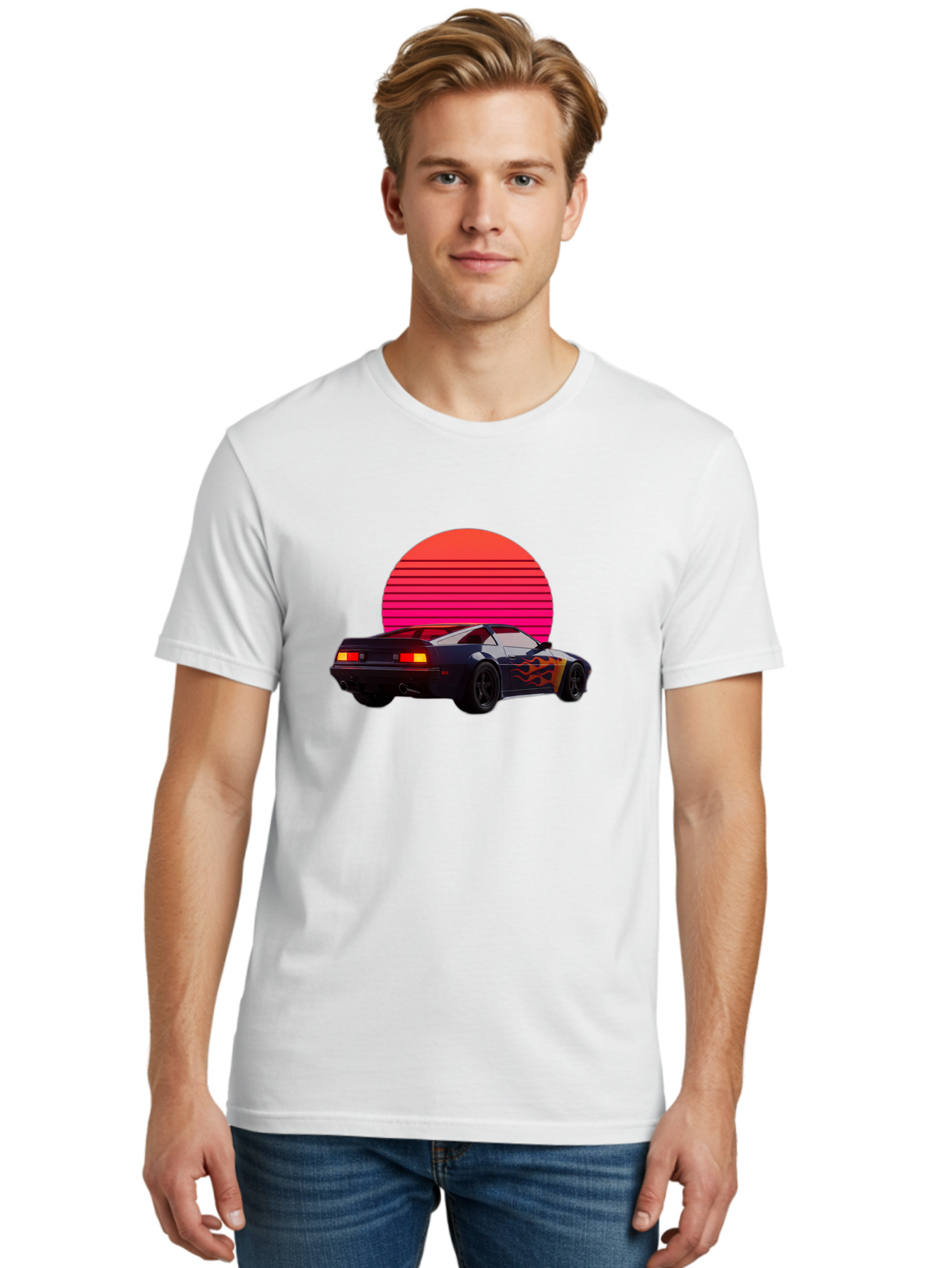 Retro-Sports-Car-1 Men'S Graphic Tee, 100% Cotton, Comfortable Casual Summer Wear, Machine Washable, Retro Sports Car, Flame Design, Vintage Vehicle, 80S Car Culture, Neon Lights, Synth Wave, Red Sun, Vintage Graphics, Retro Futuristic Bab334