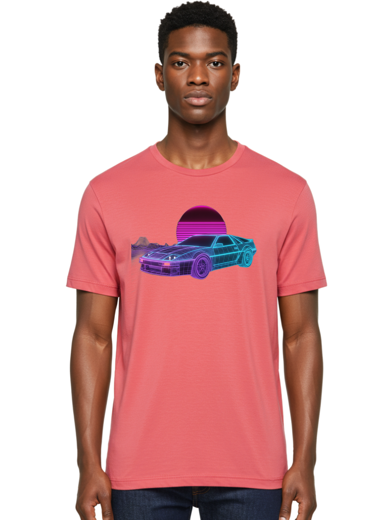 Retro-Sports-Car Men'S Graphic Tee, 100% Cotton, Comfortable Casual Summer Wear, Machine Washable, Retro Futuristic Car, Neon Lights, Synthwave Style, Vaporwave Aesthetic, 80S Sports Car, Datsun 280Z, Grid Pattern, Futuristic Landscape, Bab335