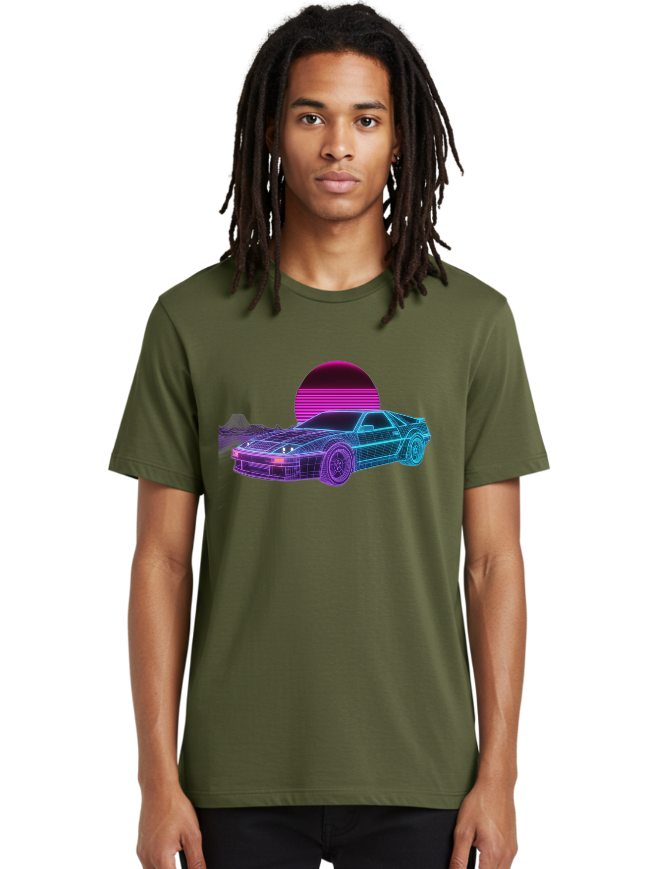 Retro-Sports-Car Men'S Graphic Tee, 100% Cotton, Comfortable Casual Summer Wear, Machine Washable, Retro Futuristic Car, Neon Lights, Synthwave Style, Vaporwave Aesthetic, 80S Sports Car, Datsun 280Z, Grid Pattern, Futuristic Landscape, Bab335