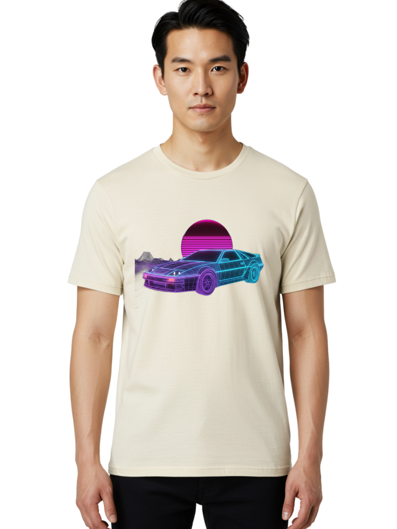 Retro-Sports-Car Men'S Graphic Tee, 100% Cotton, Comfortable Casual Summer Wear, Machine Washable, Retro Futuristic Car, Neon Lights, Synthwave Style, Vaporwave Aesthetic, 80S Sports Car, Datsun 280Z, Grid Pattern, Futuristic Landscape, Bab335