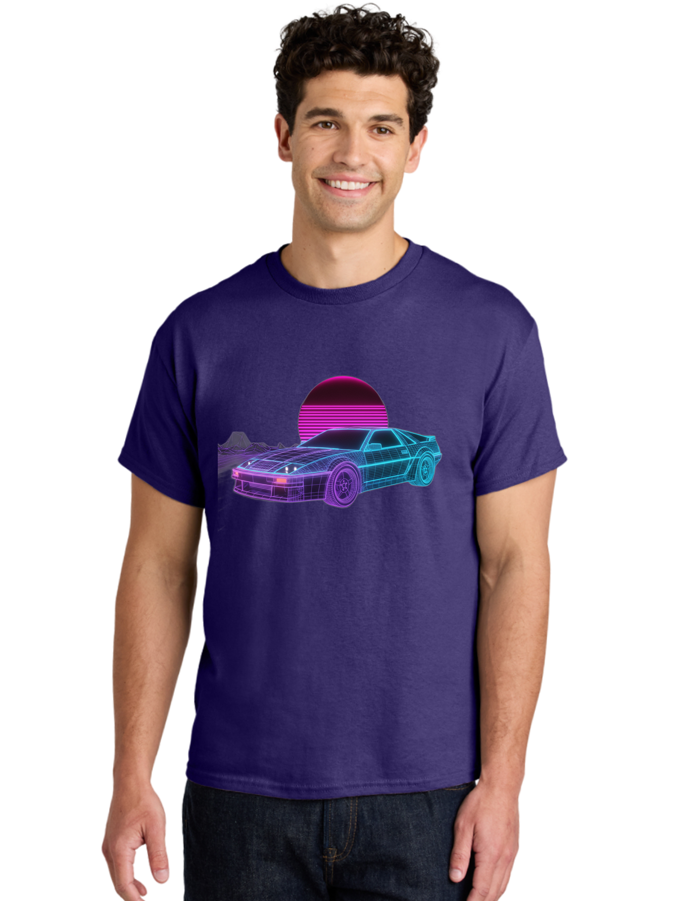 Retro-Sports-Car Men'S Graphic Tee, 100% Cotton, Comfortable Casual Summer Wear, Machine Washable, Retro Futuristic Car, Neon Lights, Synthwave Style, Vaporwave Aesthetic, 80S Sports Car, Datsun 280Z, Grid Pattern, Futuristic Landscape, Bab335