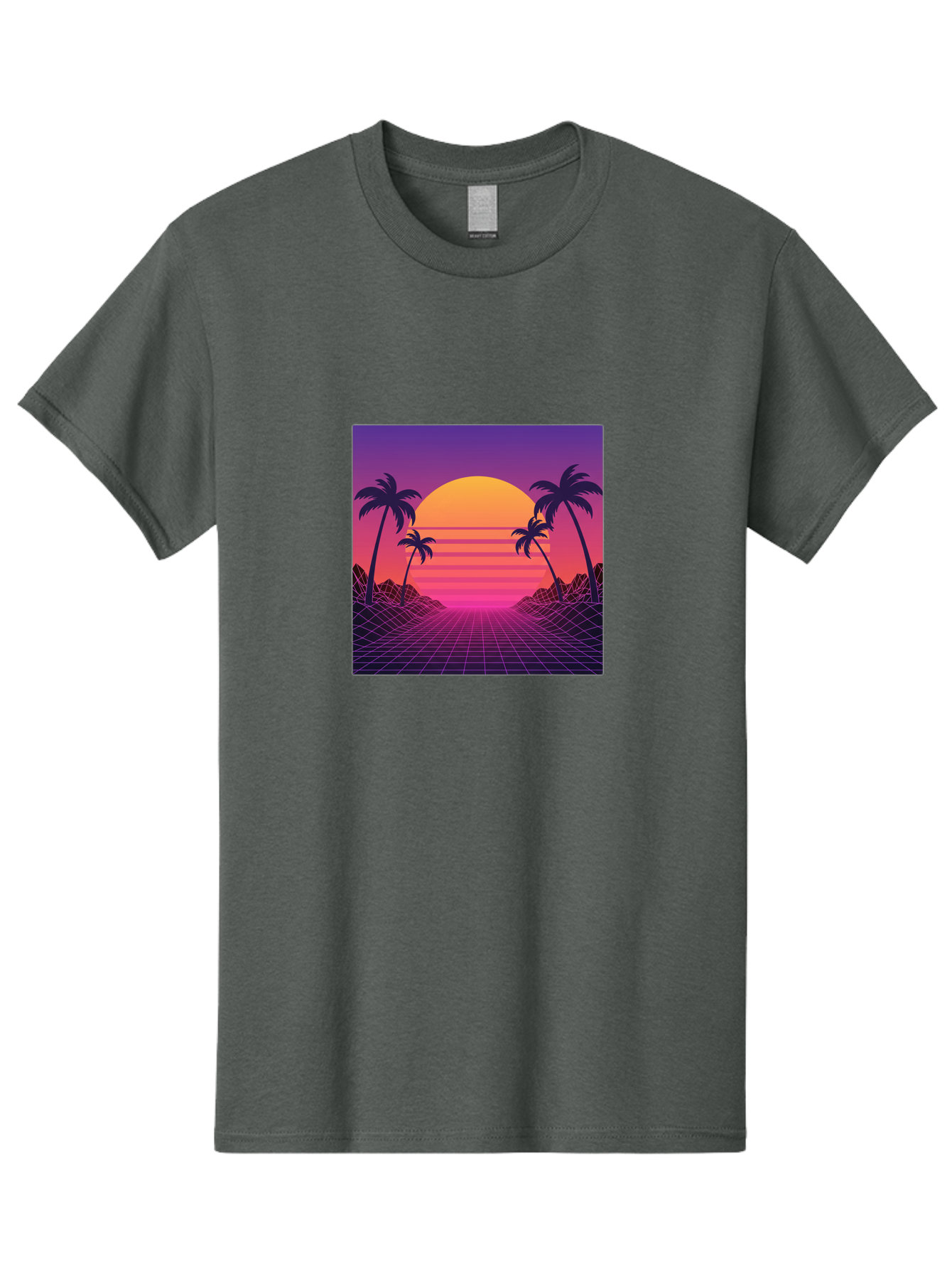 Retro-Sunset Men'S Graphic Tee, 100% Cotton, Comfortable Casual Summer Wear, Machine Washable, Retro Futuristic Landscape, Sunset With Palm Trees, Grid Pattern, Neon Colors, Synthwave Art, 80S Vibe, Futuristic Scenery, Digital Art, Bab336