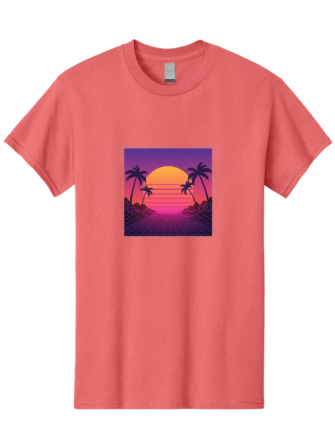 Retro-Sunset Men'S Graphic Tee, 100% Cotton, Comfortable Casual Summer Wear, Machine Washable, Retro Futuristic Landscape, Sunset With Palm Trees, Grid Pattern, Neon Colors, Synthwave Art, 80S Vibe, Futuristic Scenery, Digital Art, Bab336
