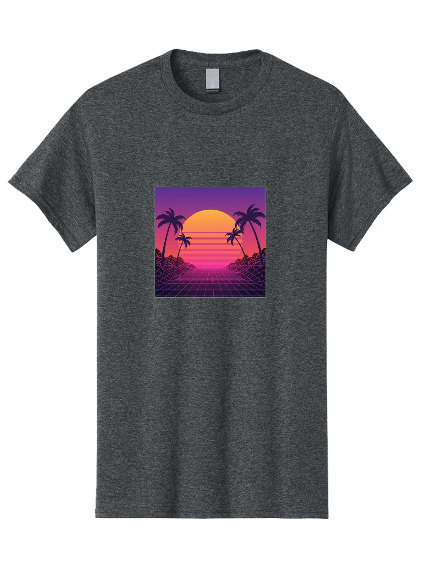 Retro-Sunset Men'S Graphic Tee, 100% Cotton, Comfortable Casual Summer Wear, Machine Washable, Retro Futuristic Landscape, Sunset With Palm Trees, Grid Pattern, Neon Colors, Synthwave Art, 80S Vibe, Futuristic Scenery, Digital Art, Bab336