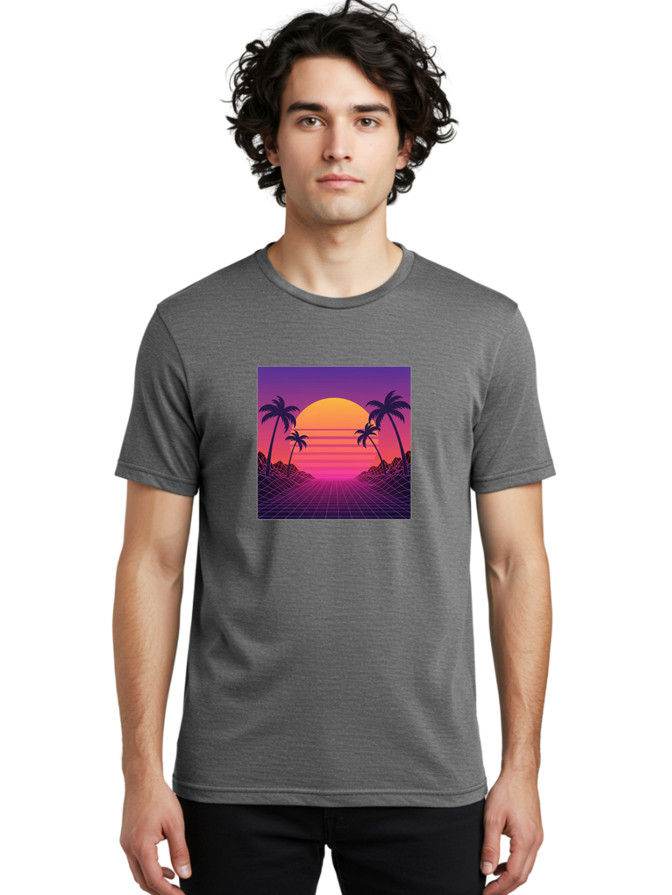 Retro-Sunset Men'S Graphic Tee, 100% Cotton, Comfortable Casual Summer Wear, Machine Washable, Retro Futuristic Landscape, Sunset With Palm Trees, Grid Pattern, Neon Colors, Synthwave Art, 80S Vibe, Futuristic Scenery, Digital Art, Bab336