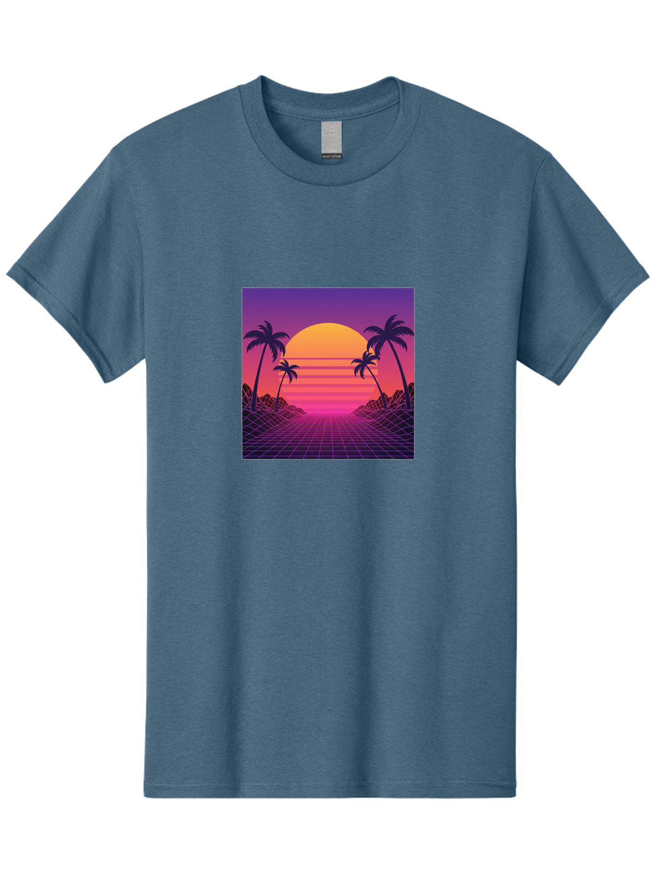 Retro-Sunset Men'S Graphic Tee, 100% Cotton, Comfortable Casual Summer Wear, Machine Washable, Retro Futuristic Landscape, Sunset With Palm Trees, Grid Pattern, Neon Colors, Synthwave Art, 80S Vibe, Futuristic Scenery, Digital Art, Bab336