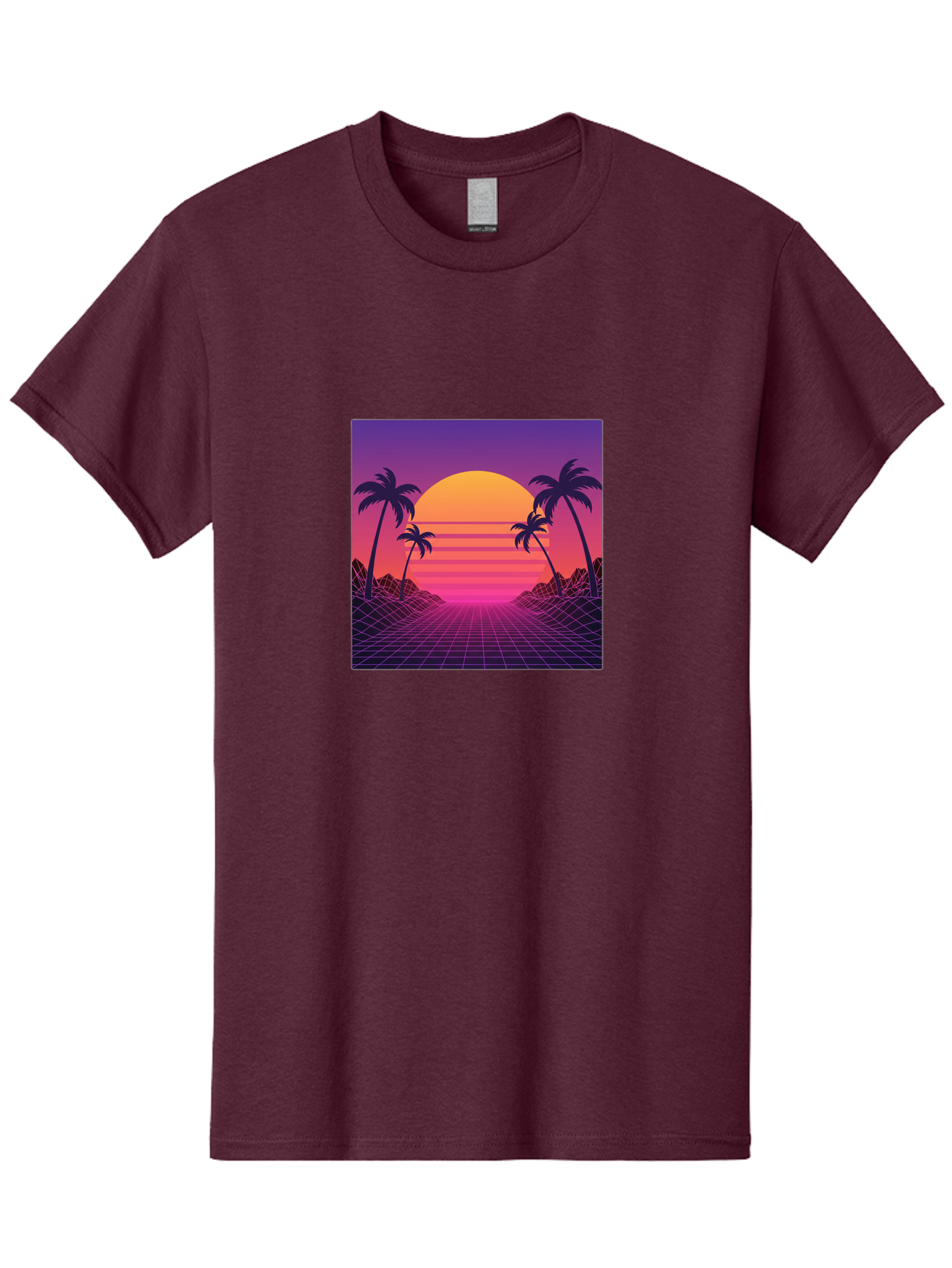 Retro-Sunset Men'S Graphic Tee, 100% Cotton, Comfortable Casual Summer Wear, Machine Washable, Retro Futuristic Landscape, Sunset With Palm Trees, Grid Pattern, Neon Colors, Synthwave Art, 80S Vibe, Futuristic Scenery, Digital Art, Bab336