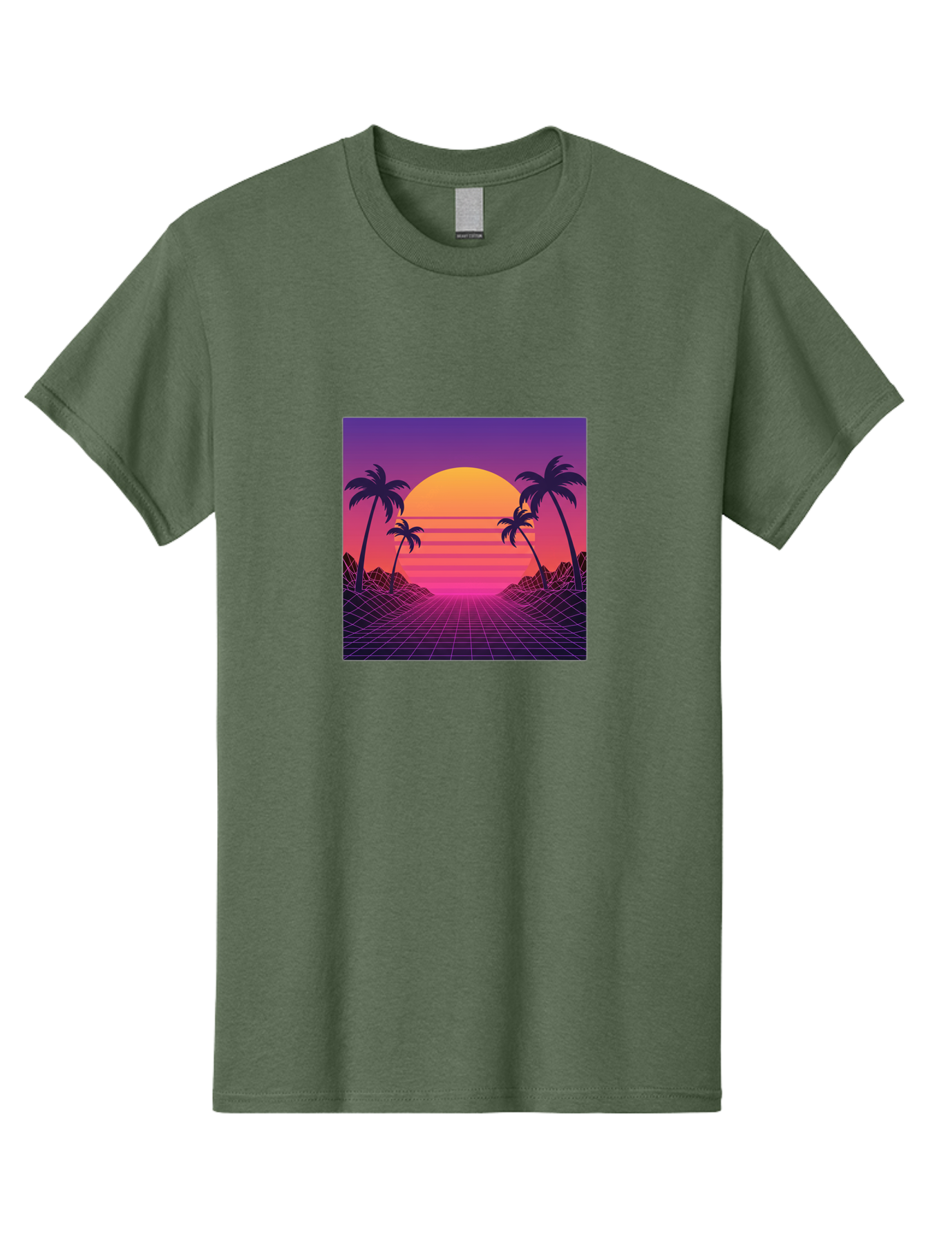 Retro-Sunset Men'S Graphic Tee, 100% Cotton, Comfortable Casual Summer Wear, Machine Washable, Retro Futuristic Landscape, Sunset With Palm Trees, Grid Pattern, Neon Colors, Synthwave Art, 80S Vibe, Futuristic Scenery, Digital Art, Bab336