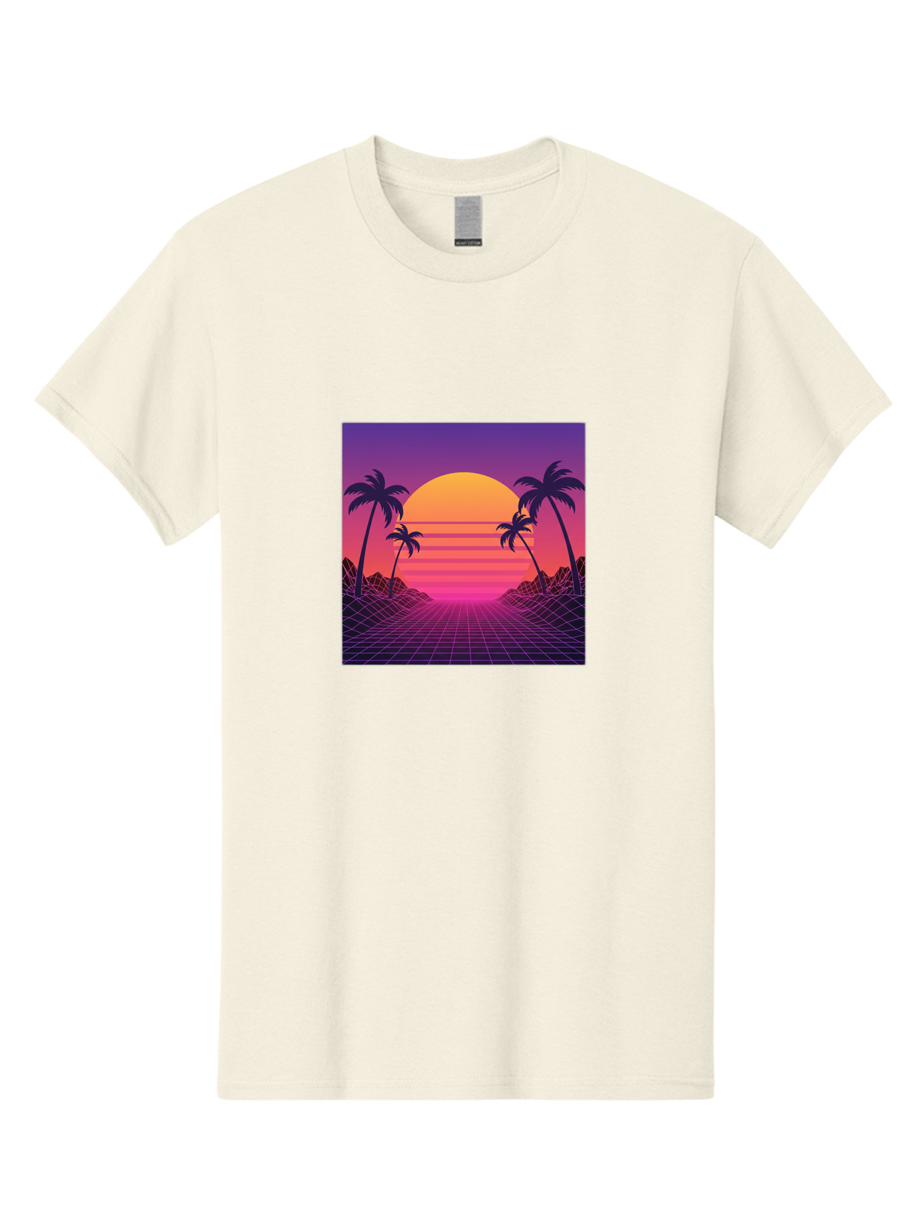 Retro-Sunset Men'S Graphic Tee, 100% Cotton, Comfortable Casual Summer Wear, Machine Washable, Retro Futuristic Landscape, Sunset With Palm Trees, Grid Pattern, Neon Colors, Synthwave Art, 80S Vibe, Futuristic Scenery, Digital Art, Bab336