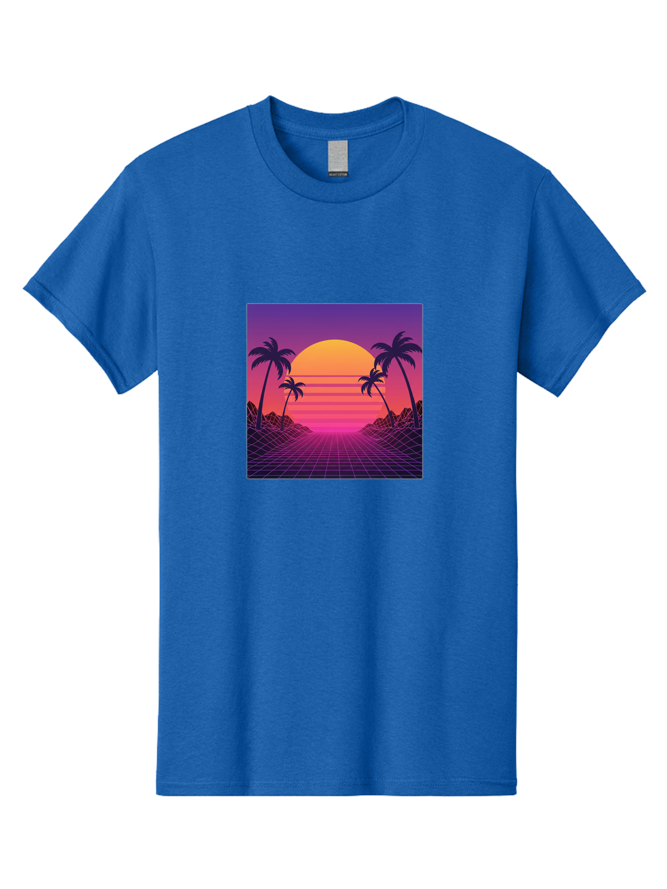 Retro-Sunset Men'S Graphic Tee, 100% Cotton, Comfortable Casual Summer Wear, Machine Washable, Retro Futuristic Landscape, Sunset With Palm Trees, Grid Pattern, Neon Colors, Synthwave Art, 80S Vibe, Futuristic Scenery, Digital Art, Bab336