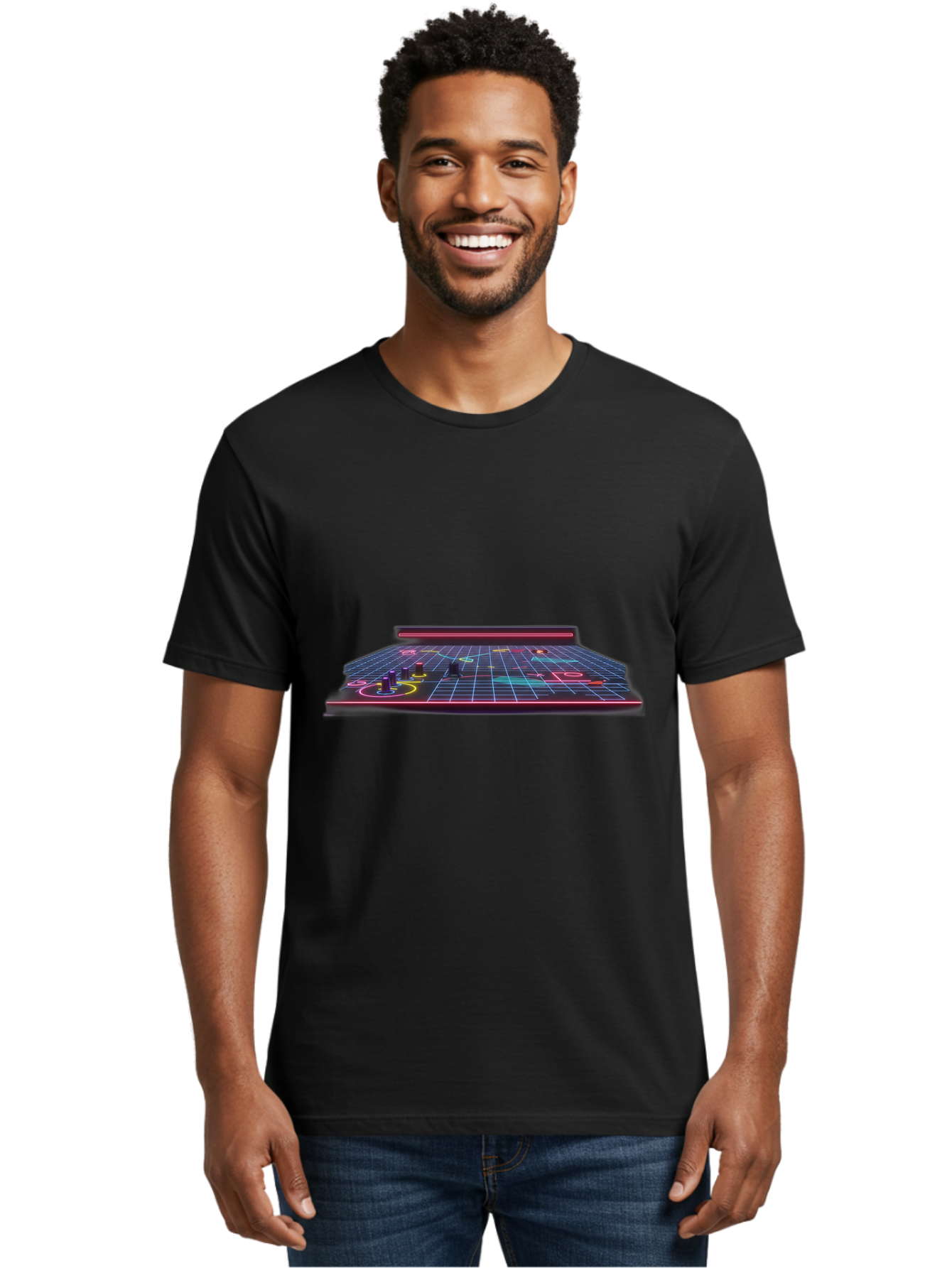 Retro-Synth-Stage Men'S Graphic Tee, 100% Cotton, Comfortable Casual Summer Wear, Machine Washable, Futuristic Stage, Synthwave Aesthetic, Neon Lights, Grid Pattern, Retro Futuristic Design, 80S Vibe, Gaming Stage, Concert Platform, Bab337