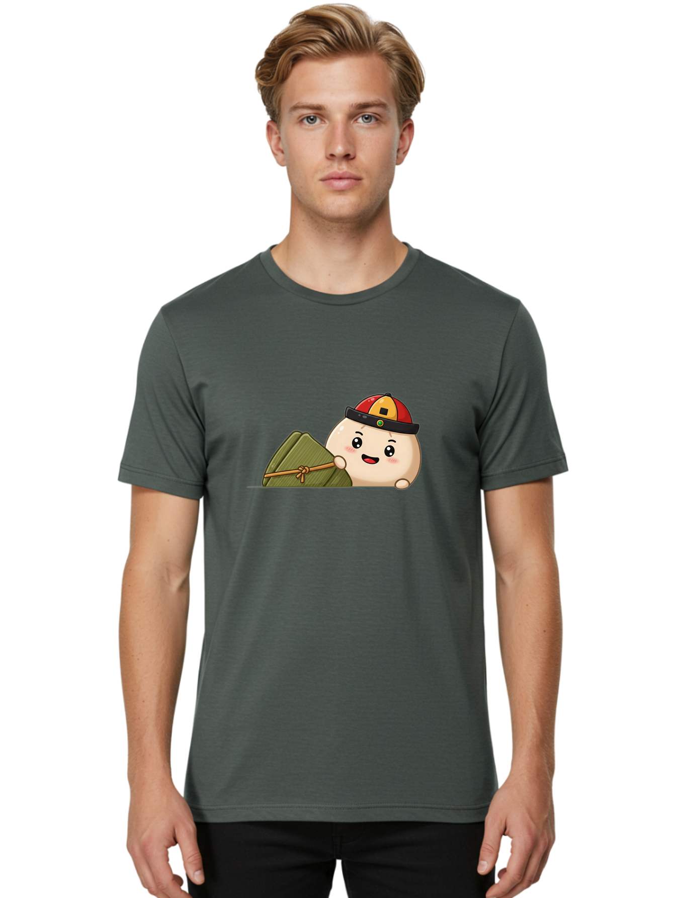 Rice-Dumpling Men'S Graphic Tee, 100% Cotton, Comfortable Casual Summer Wear, Machine Washable, Cartoon Dumpling Character, Red And Yellow Cap, Zongzi, Traditional Chinese Food, Dragon Boat Festival, Cute, Adorable, Kawaii, Character Design, Bab339