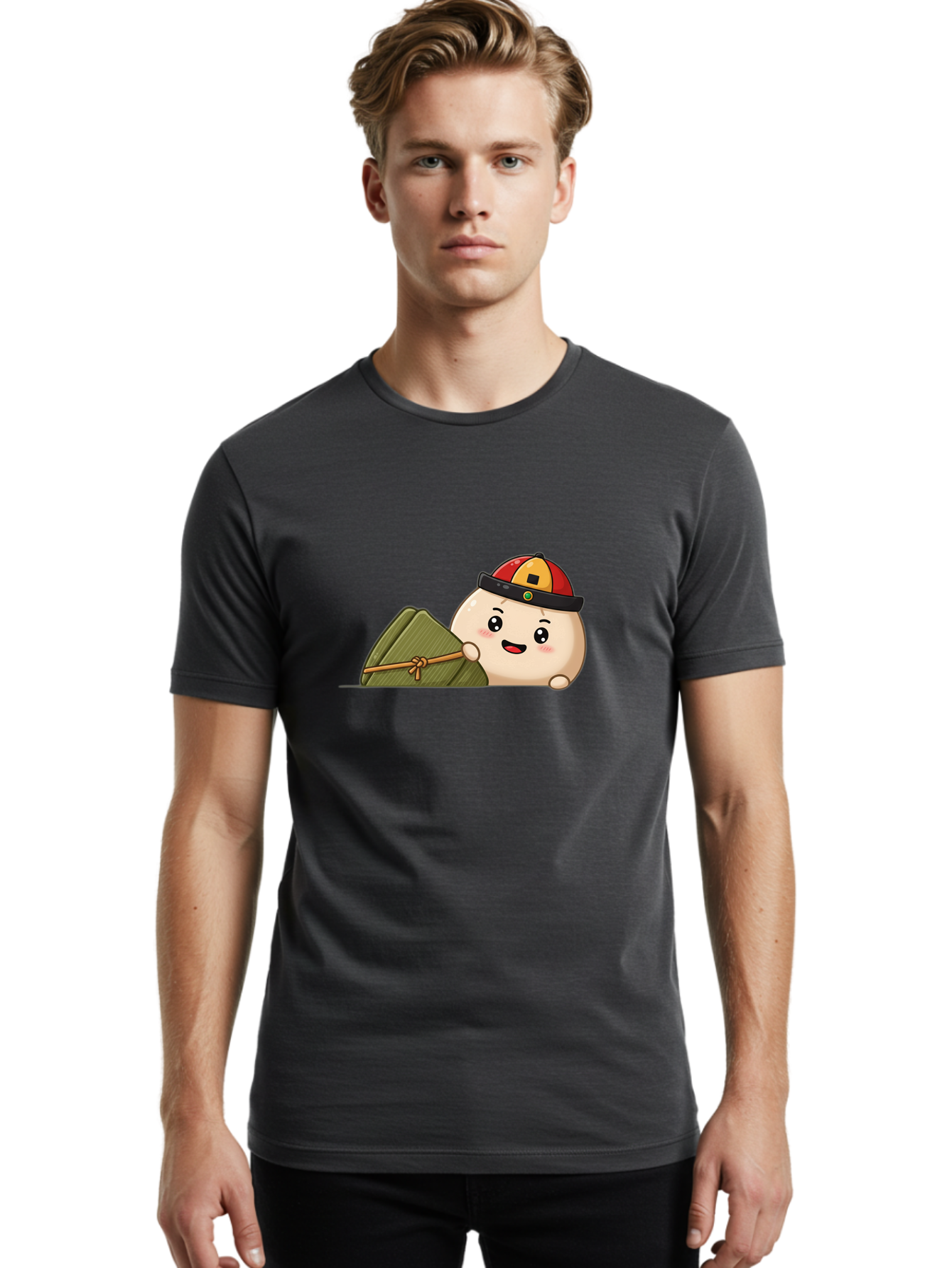 Rice-Dumpling Men'S Graphic Tee, 100% Cotton, Comfortable Casual Summer Wear, Machine Washable, Cartoon Dumpling Character, Red And Yellow Cap, Zongzi, Traditional Chinese Food, Dragon Boat Festival, Cute, Adorable, Kawaii, Character Design, Bab339