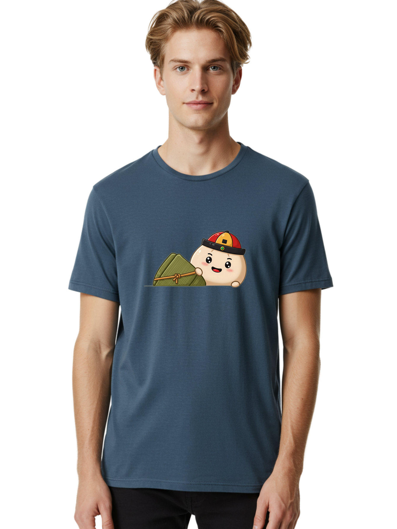 Rice-Dumpling Men'S Graphic Tee, 100% Cotton, Comfortable Casual Summer Wear, Machine Washable, Cartoon Dumpling Character, Red And Yellow Cap, Zongzi, Traditional Chinese Food, Dragon Boat Festival, Cute, Adorable, Kawaii, Character Design, Bab339
