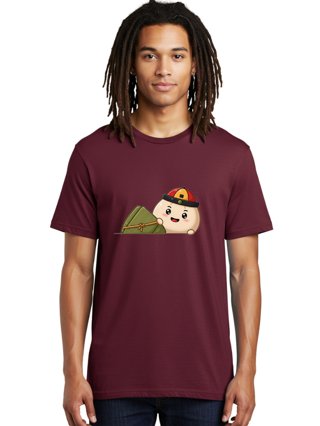 Rice-Dumpling Men'S Graphic Tee, 100% Cotton, Comfortable Casual Summer Wear, Machine Washable, Cartoon Dumpling Character, Red And Yellow Cap, Zongzi, Traditional Chinese Food, Dragon Boat Festival, Cute, Adorable, Kawaii, Character Design, Bab339