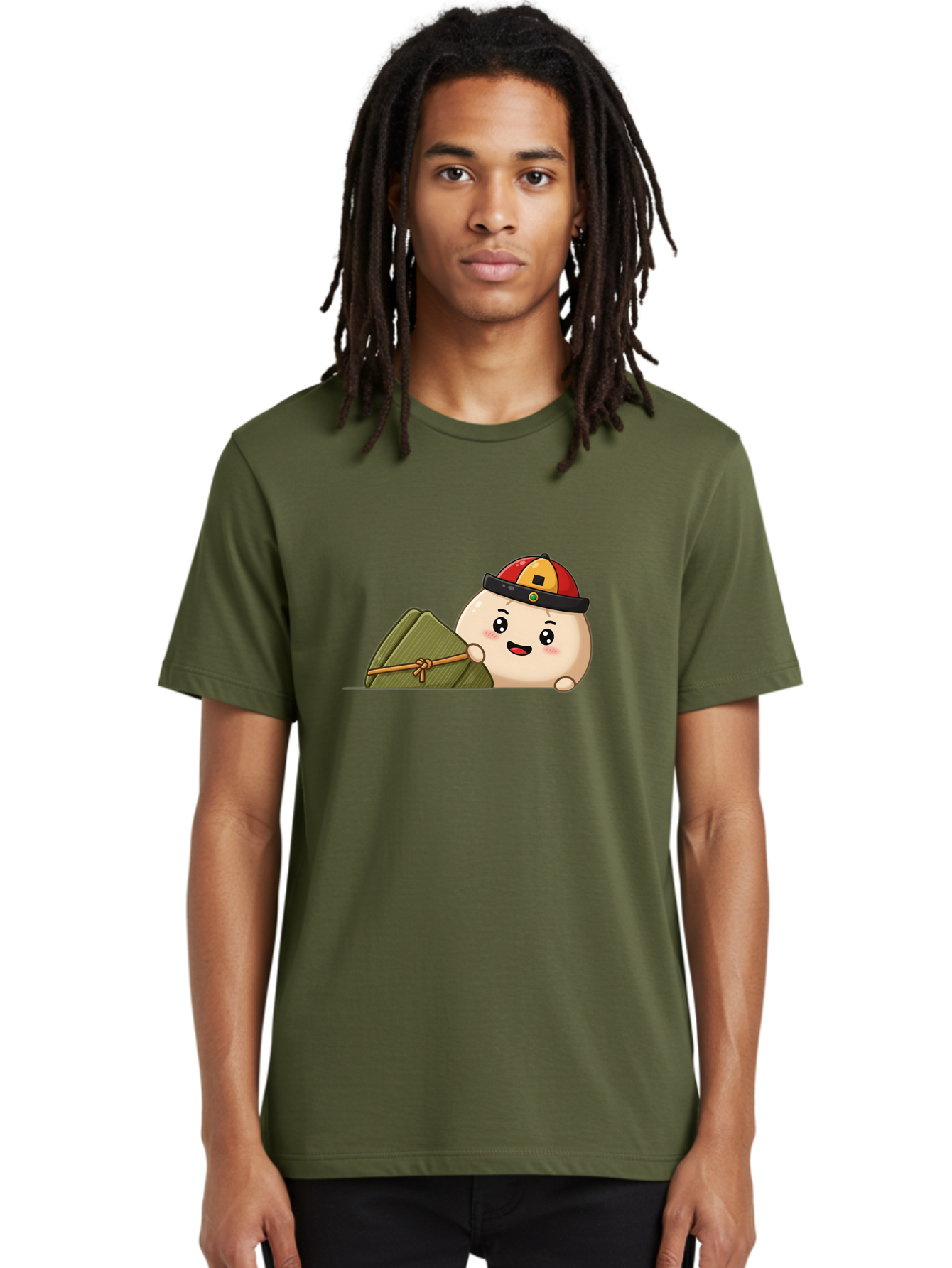 Rice-Dumpling Men'S Graphic Tee, 100% Cotton, Comfortable Casual Summer Wear, Machine Washable, Cartoon Dumpling Character, Red And Yellow Cap, Zongzi, Traditional Chinese Food, Dragon Boat Festival, Cute, Adorable, Kawaii, Character Design, Bab339