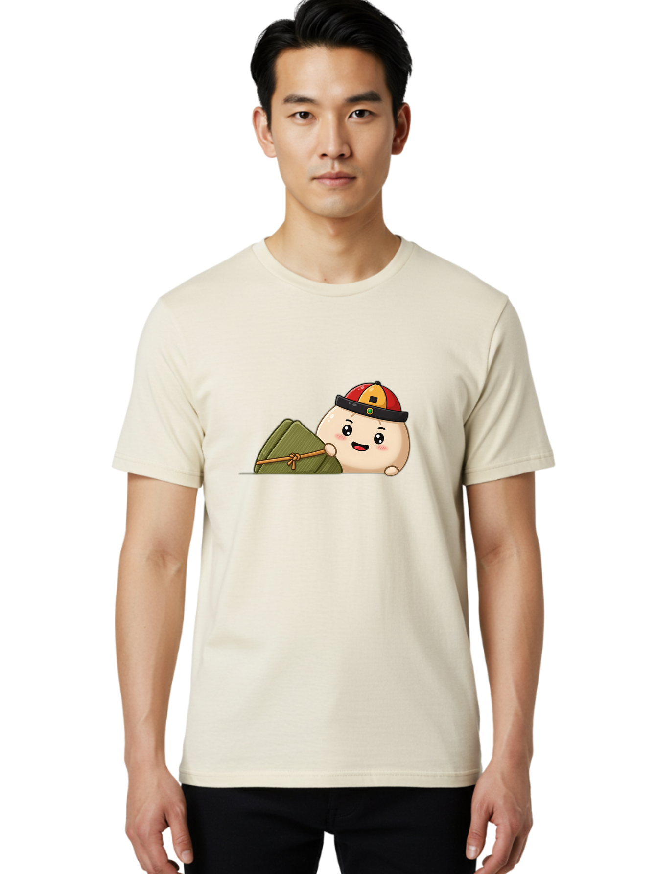 Rice-Dumpling Men'S Graphic Tee, 100% Cotton, Comfortable Casual Summer Wear, Machine Washable, Cartoon Dumpling Character, Red And Yellow Cap, Zongzi, Traditional Chinese Food, Dragon Boat Festival, Cute, Adorable, Kawaii, Character Design, Bab339