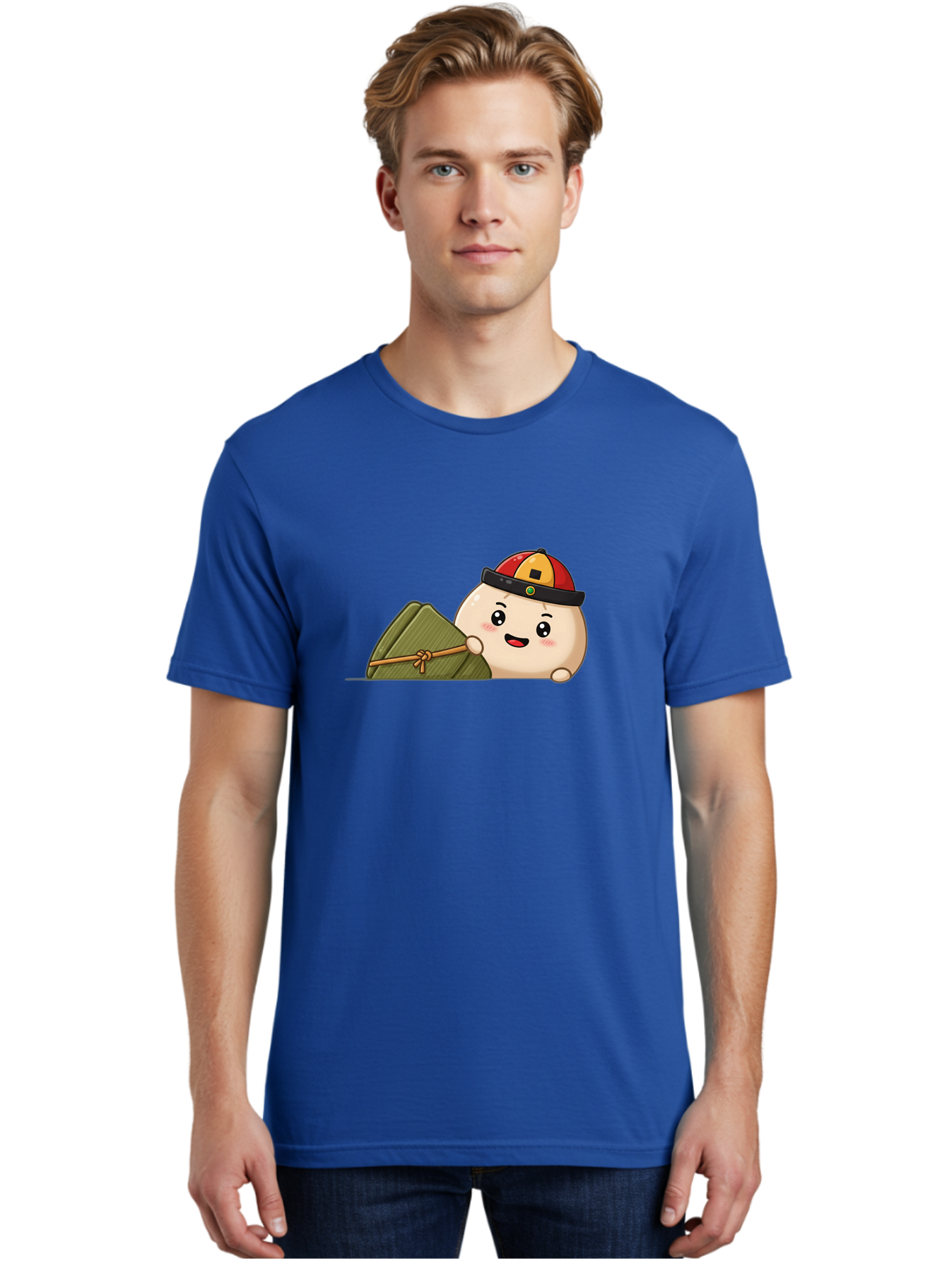 Rice-Dumpling Men'S Graphic Tee, 100% Cotton, Comfortable Casual Summer Wear, Machine Washable, Cartoon Dumpling Character, Red And Yellow Cap, Zongzi, Traditional Chinese Food, Dragon Boat Festival, Cute, Adorable, Kawaii, Character Design, Bab339