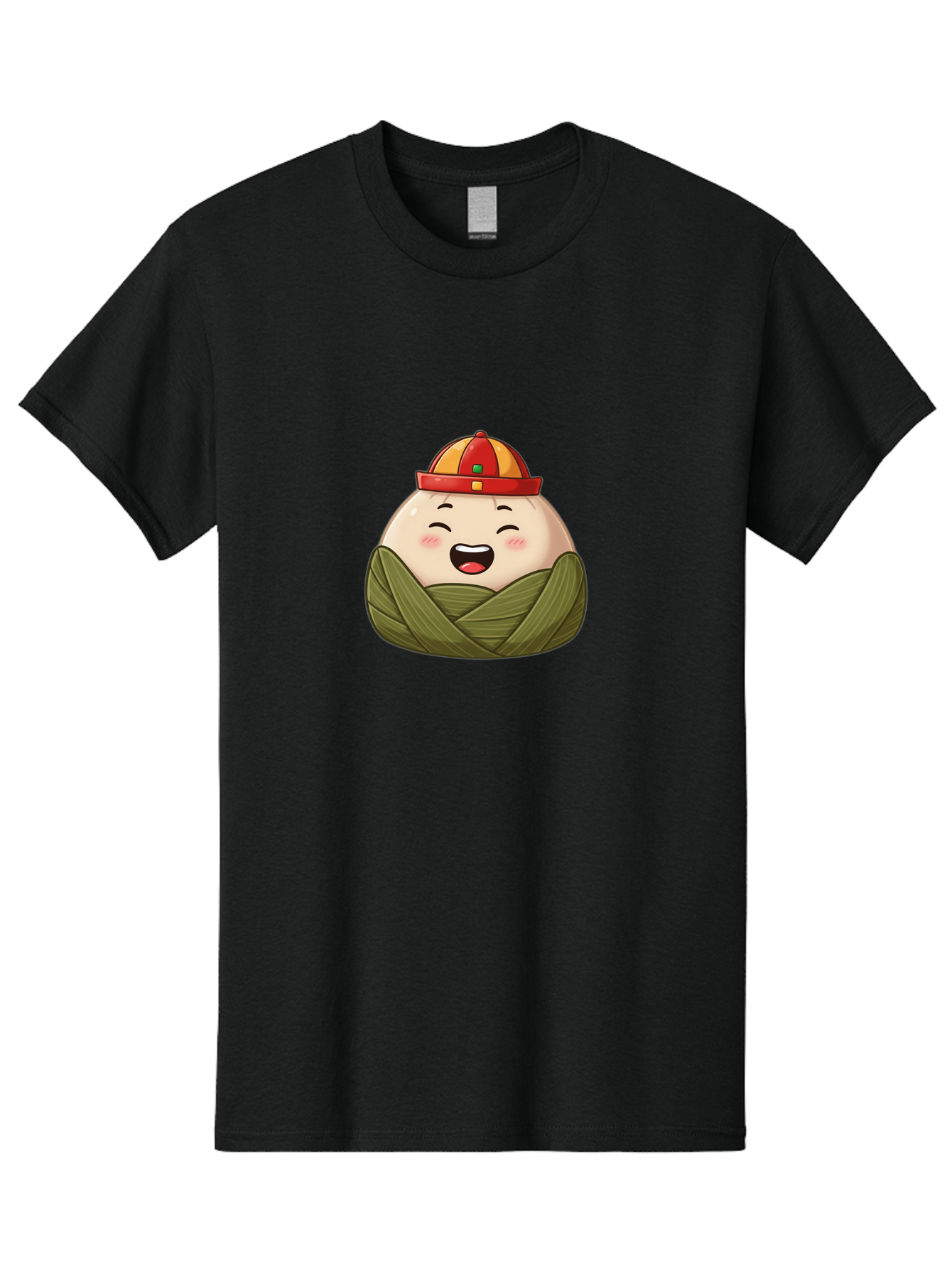 Rice-Dumplings Men'S Graphic Tee, 100% Cotton, Comfortable Casual Summer Wear, Machine Washable, Cartoon Zongzi, Traditional Chinese Food, Happy Face, Red And Yellow Hat, Green Wrapping, Joyful Expression, Chinese Culture, Festive Food, Bab340