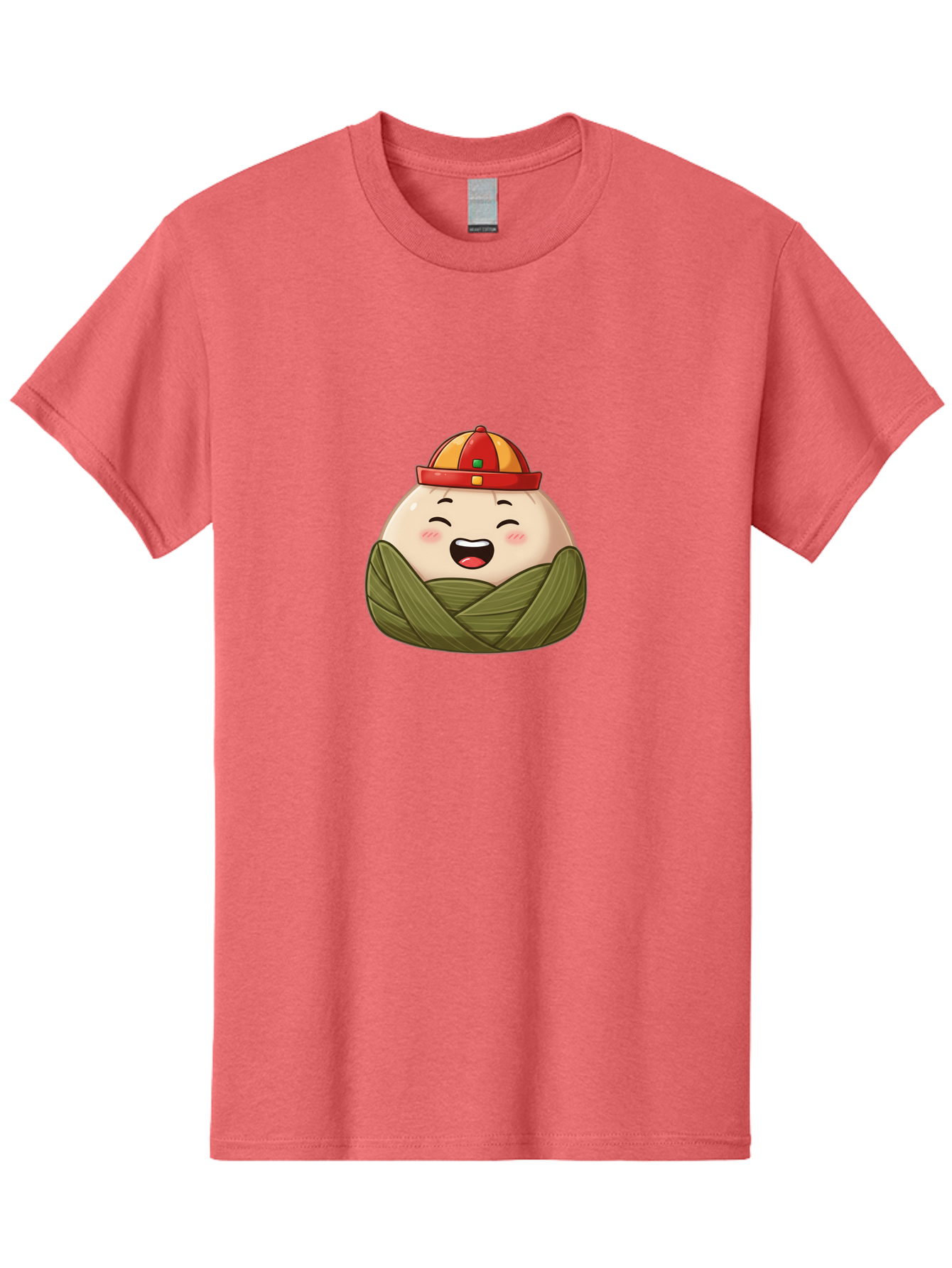 Rice-Dumplings Men'S Graphic Tee, 100% Cotton, Comfortable Casual Summer Wear, Machine Washable, Cartoon Zongzi, Traditional Chinese Food, Happy Face, Red And Yellow Hat, Green Wrapping, Joyful Expression, Chinese Culture, Festive Food, Bab340
