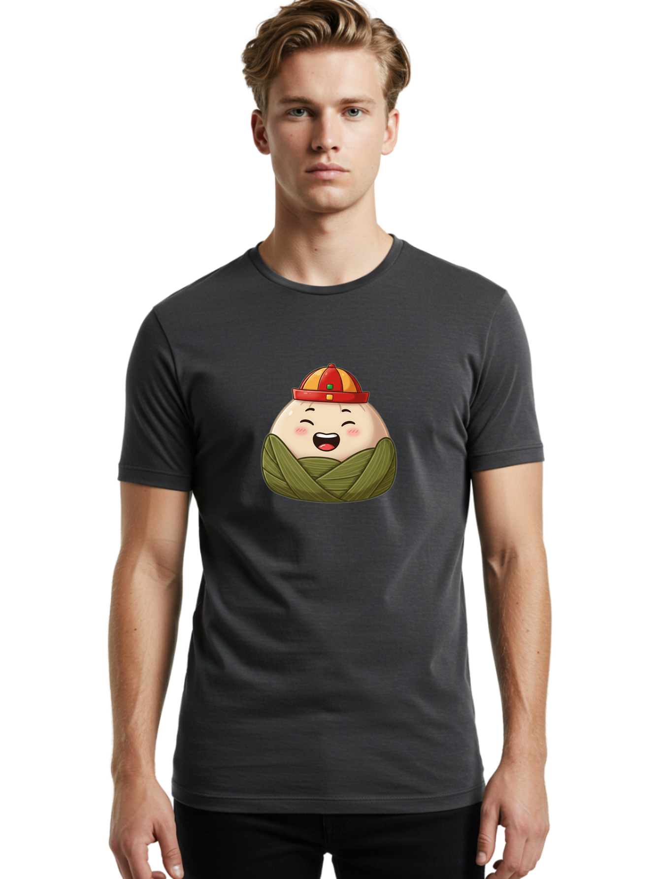 Rice-Dumplings Men'S Graphic Tee, 100% Cotton, Comfortable Casual Summer Wear, Machine Washable, Cartoon Zongzi, Traditional Chinese Food, Happy Face, Red And Yellow Hat, Green Wrapping, Joyful Expression, Chinese Culture, Festive Food, Bab340