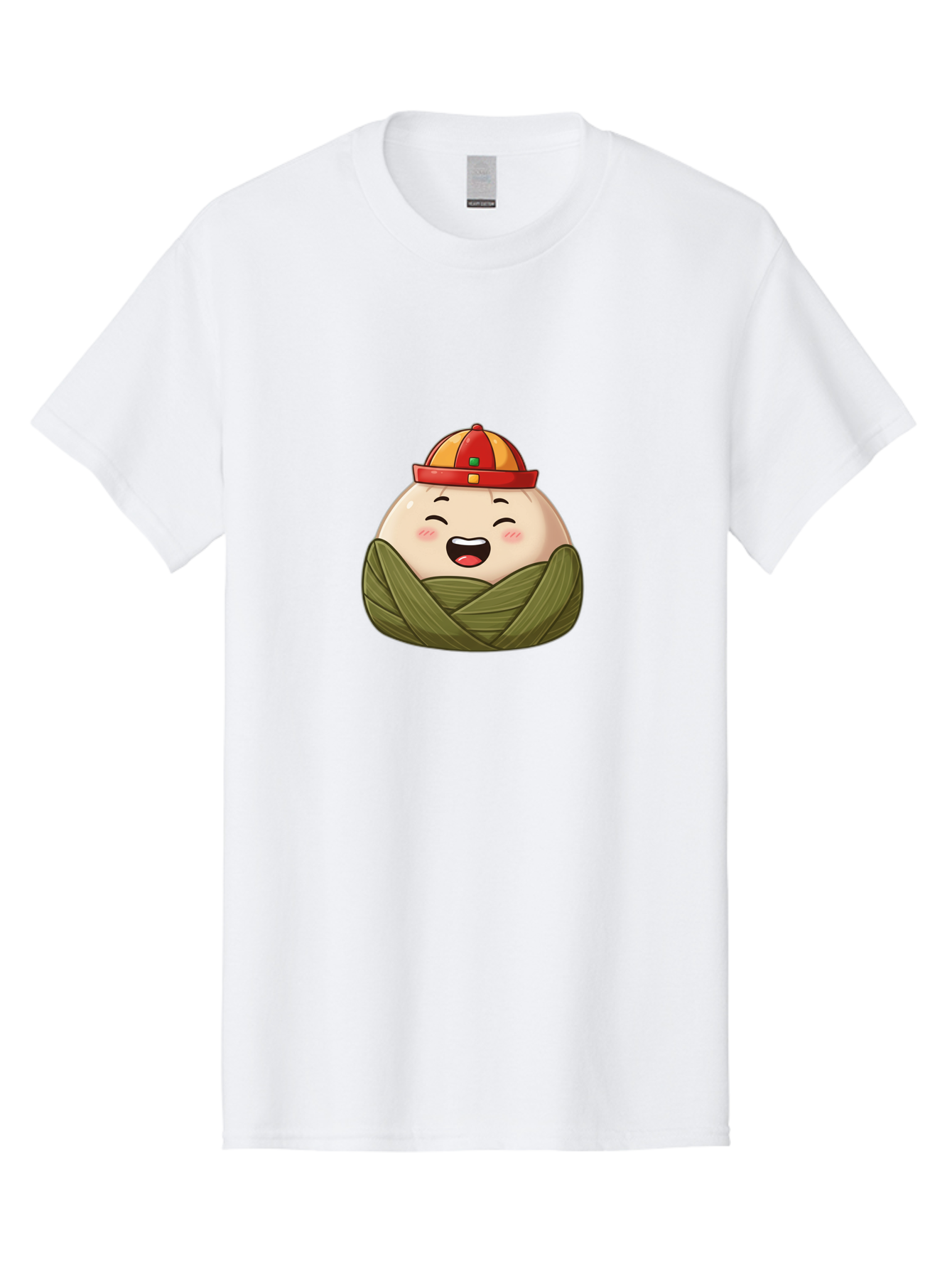 Rice-Dumplings Men'S Graphic Tee, 100% Cotton, Comfortable Casual Summer Wear, Machine Washable, Cartoon Zongzi, Traditional Chinese Food, Happy Face, Red And Yellow Hat, Green Wrapping, Joyful Expression, Chinese Culture, Festive Food, Bab340