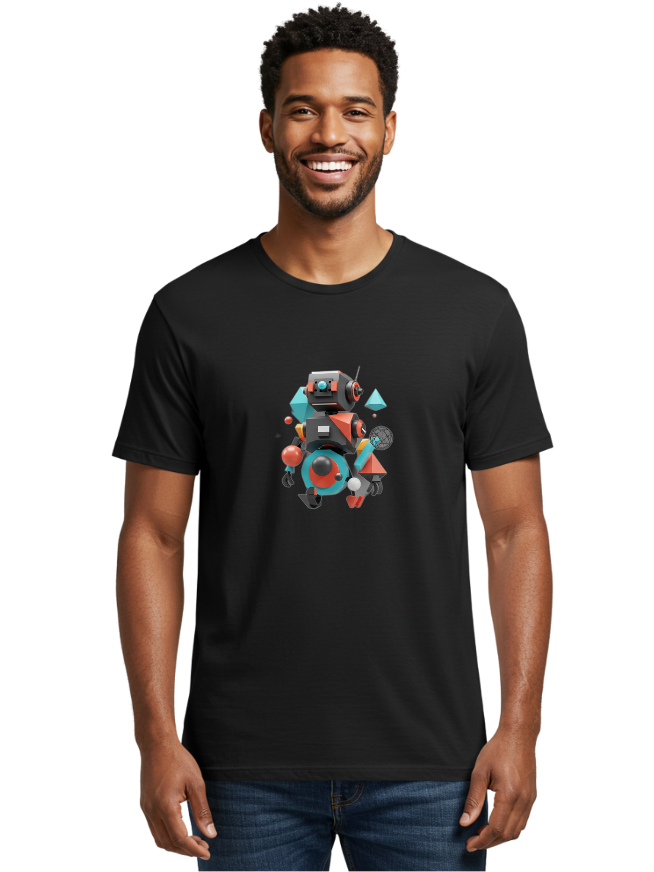 Robot-3 Men'S Graphic Tee, 100% Cotton, Comfortable Casual Summer Wear, Machine Washable, 3D Robot, Geometric Shapes, Vibrant Colors, Futuristic Design, Artificial Intelligence, Robotic Technology, Modern Art, Digital Illustration, Bab343