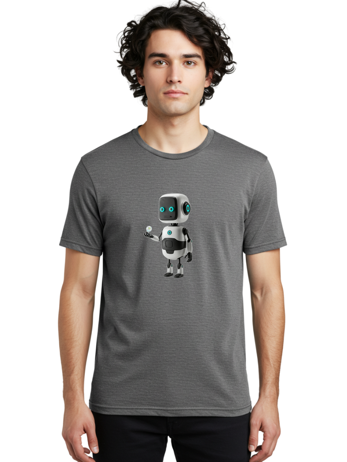 Robot-Character Men'S Graphic Tee, 100% Cotton, Comfortable Casual Summer Wear, Machine Washable, Cartoon Robot, Artificial Intelligence, Futuristic Technology, Robotic Design, Blue Glowing Eyes, Mechanical Body, 3D Rendering, Bab348
