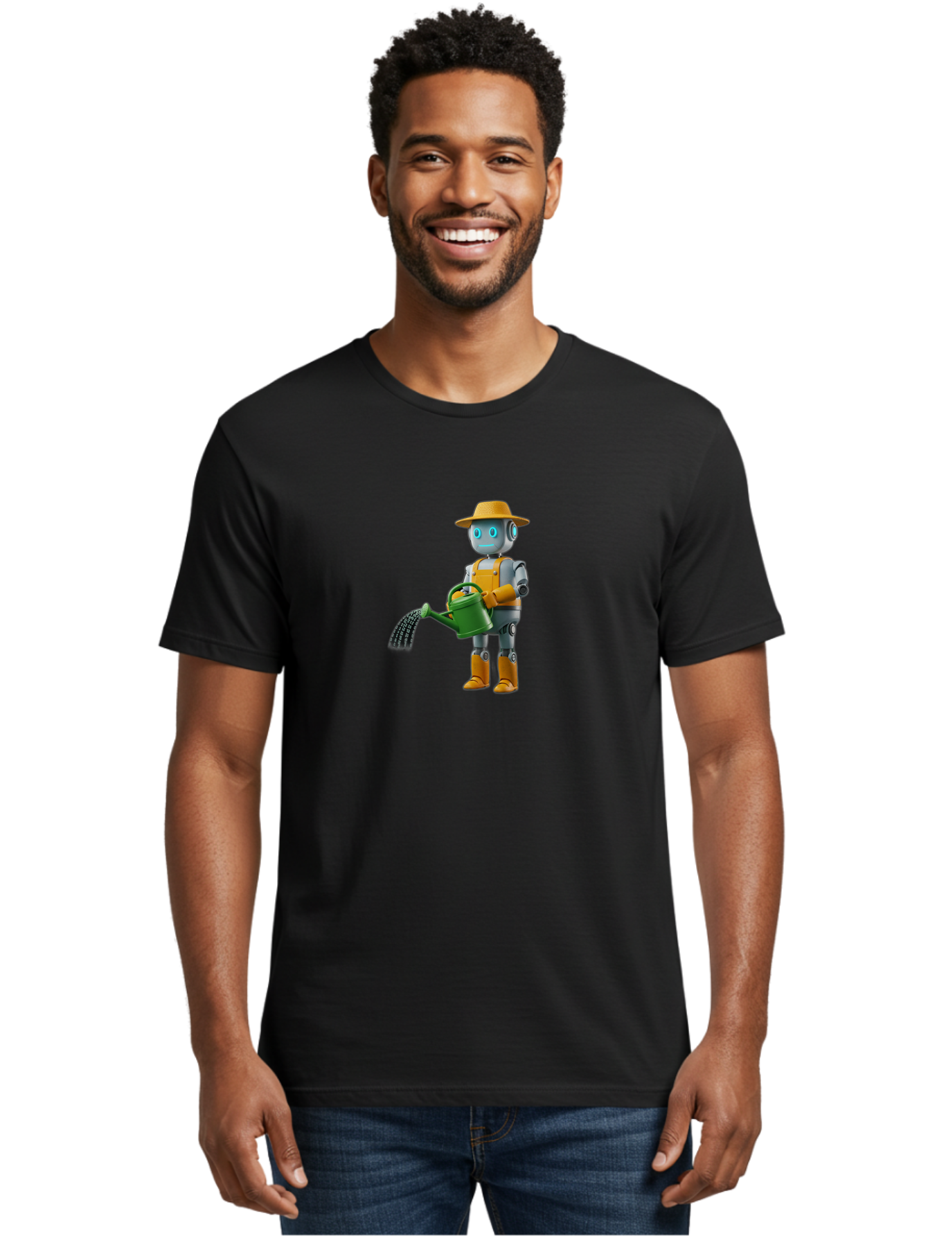 Robot-Gardener Men'S Graphic Tee, 100% Cotton, Comfortable Casual Summer Wear, Machine Washable, Robot Character, Gardening Robot, Watering Can, Yellow Hat, Orange Boots, Futuristic Gardening, Robotic Gardening Tools, Cartoon Robot, Bab350