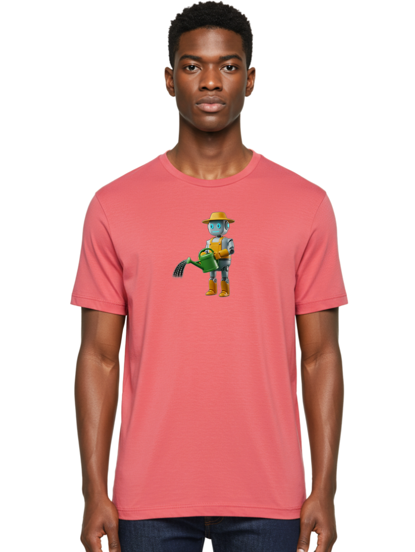Robot-Gardener Men'S Graphic Tee, 100% Cotton, Comfortable Casual Summer Wear, Machine Washable, Robot Character, Gardening Robot, Watering Can, Yellow Hat, Orange Boots, Futuristic Gardening, Robotic Gardening Tools, Cartoon Robot, Bab350