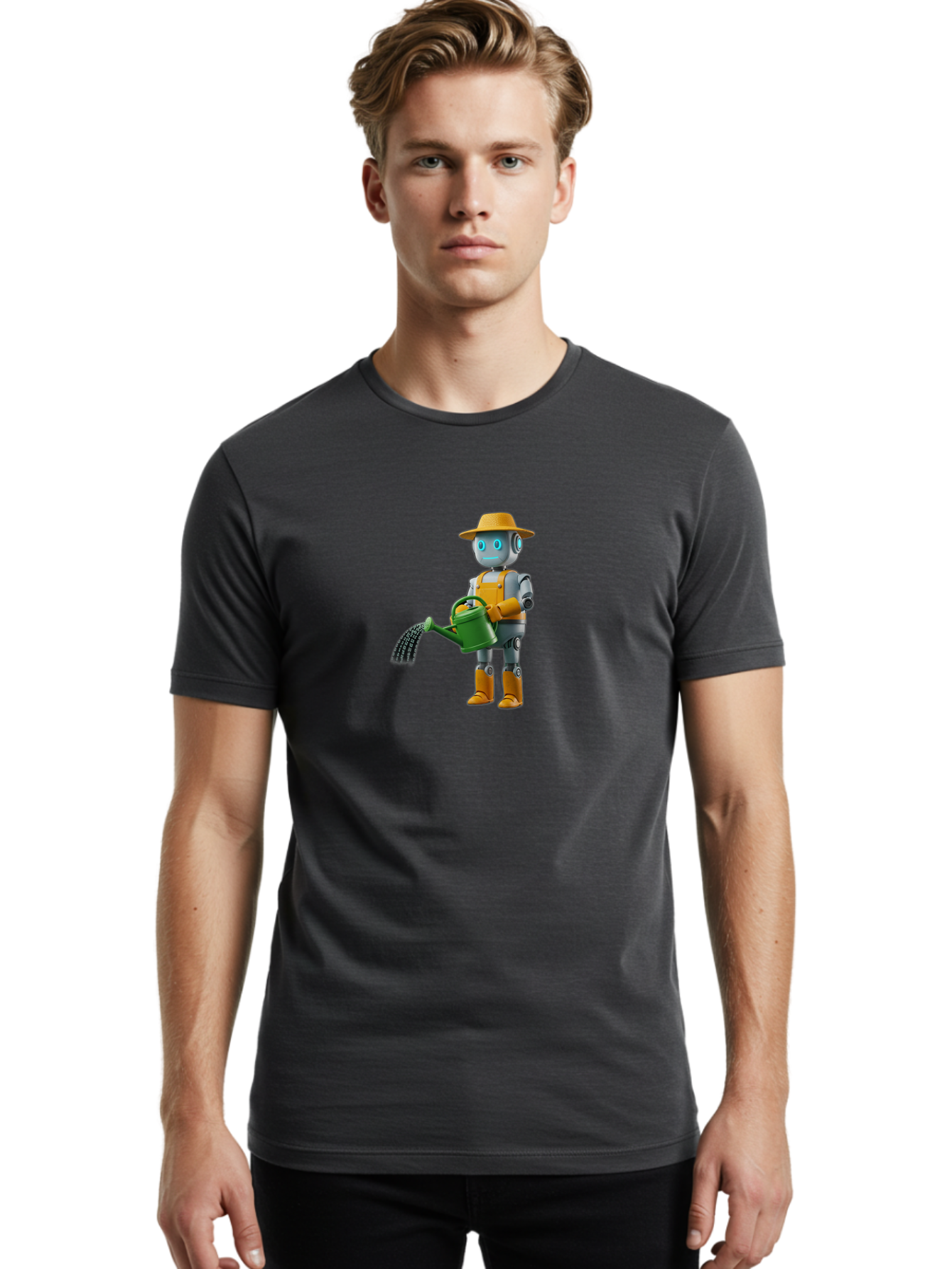 Robot-Gardener Men'S Graphic Tee, 100% Cotton, Comfortable Casual Summer Wear, Machine Washable, Robot Character, Gardening Robot, Watering Can, Yellow Hat, Orange Boots, Futuristic Gardening, Robotic Gardening Tools, Cartoon Robot, Bab350