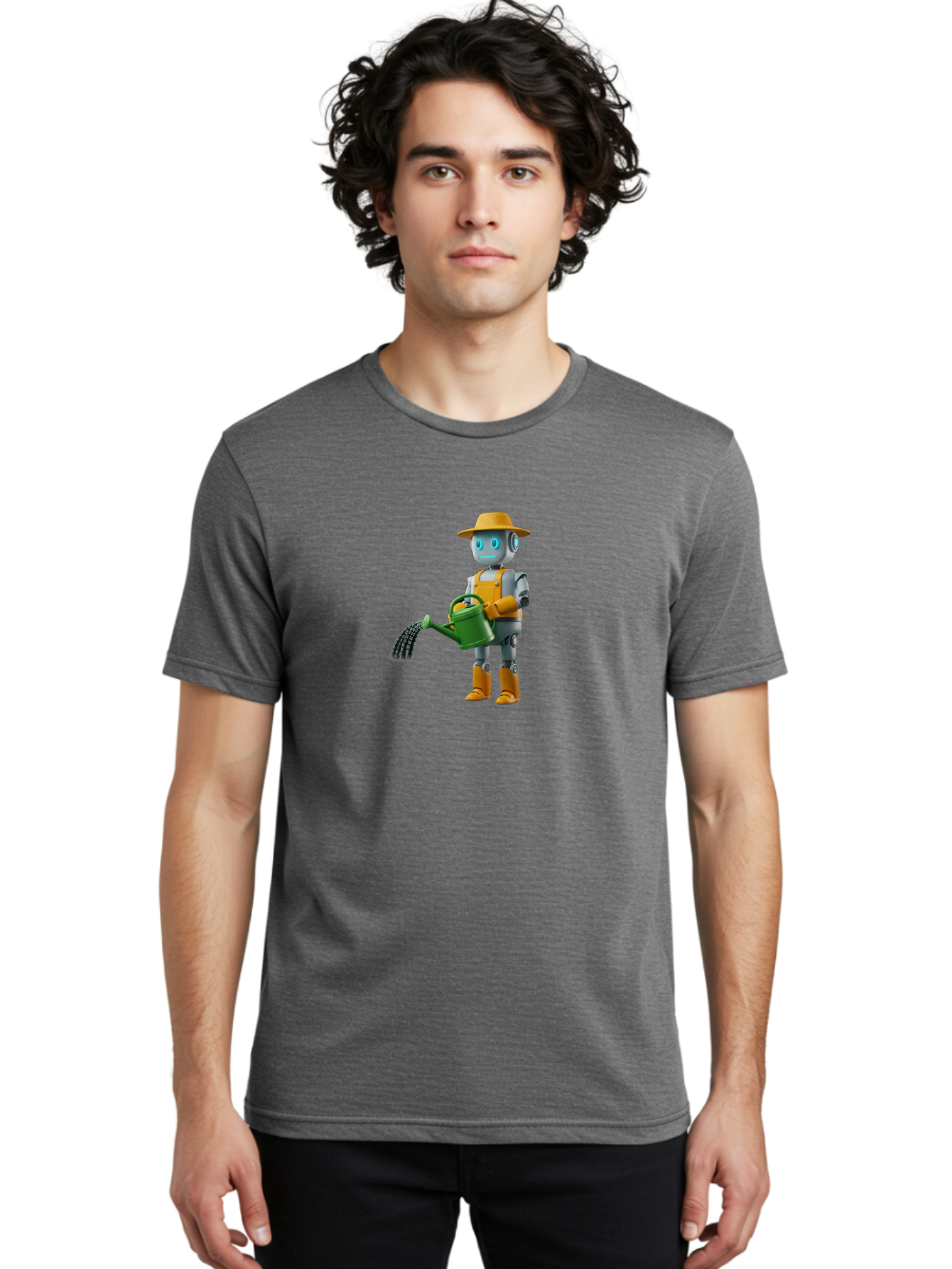 Robot-Gardener Men'S Graphic Tee, 100% Cotton, Comfortable Casual Summer Wear, Machine Washable, Robot Character, Gardening Robot, Watering Can, Yellow Hat, Orange Boots, Futuristic Gardening, Robotic Gardening Tools, Cartoon Robot, Bab350