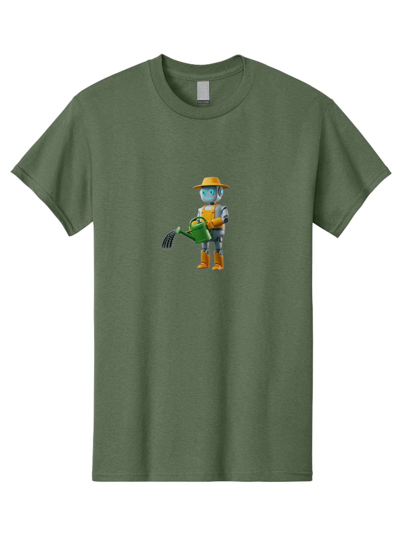 Robot-Gardener Men'S Graphic Tee, 100% Cotton, Comfortable Casual Summer Wear, Machine Washable, Robot Character, Gardening Robot, Watering Can, Yellow Hat, Orange Boots, Futuristic Gardening, Robotic Gardening Tools, Cartoon Robot, Bab350