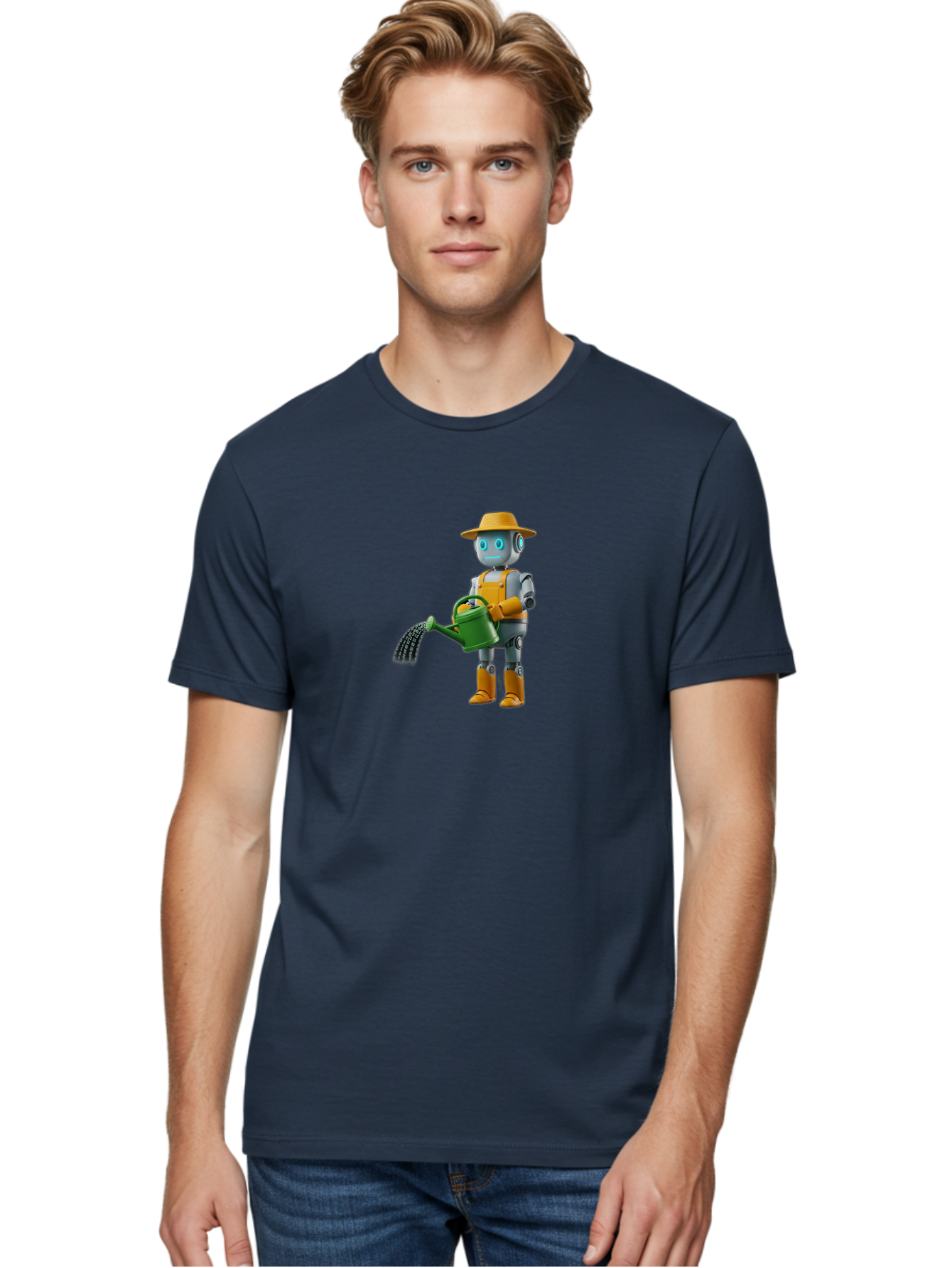 Robot-Gardener Men'S Graphic Tee, 100% Cotton, Comfortable Casual Summer Wear, Machine Washable, Robot Character, Gardening Robot, Watering Can, Yellow Hat, Orange Boots, Futuristic Gardening, Robotic Gardening Tools, Cartoon Robot, Bab350