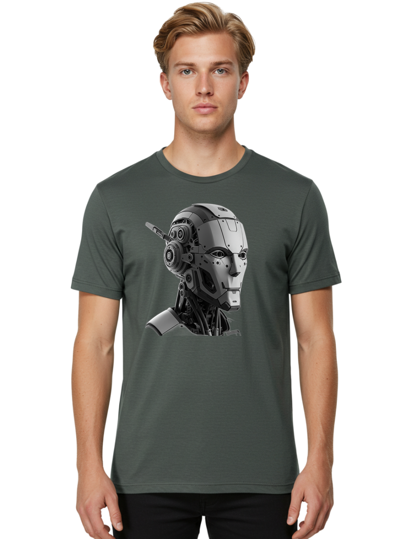 Robot-Head Men'S Graphic Tee, 100% Cotton, Comfortable Casual Summer Wear, Machine Washable, Robotic Head, Futuristic Design, Mechanical Face, Gray Metallic Finish, Technological Innovation, Advanced Robotics, Artificial Intelligence, Bab352