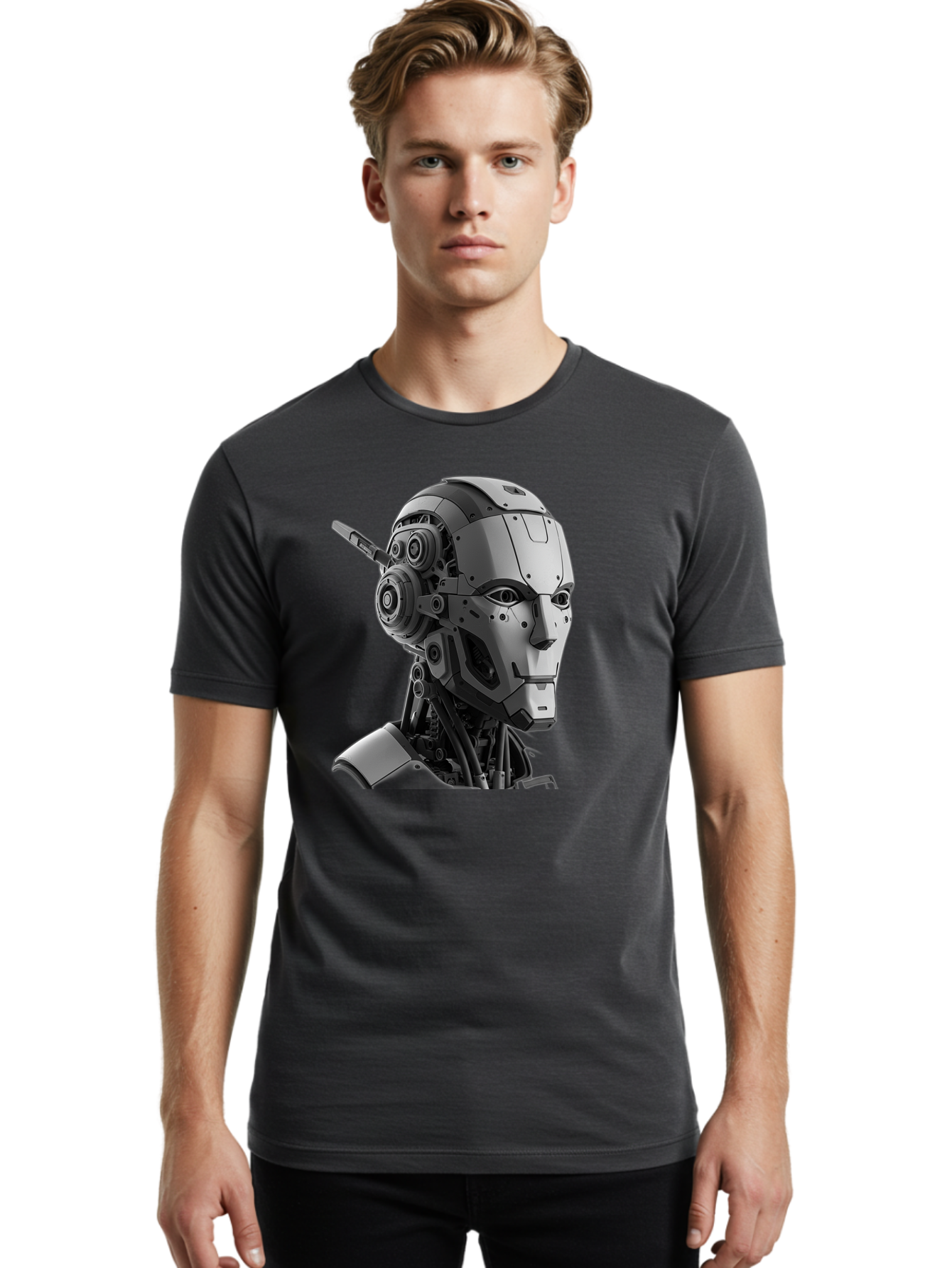 Robot-Head Men'S Graphic Tee, 100% Cotton, Comfortable Casual Summer Wear, Machine Washable, Robotic Head, Futuristic Design, Mechanical Face, Gray Metallic Finish, Technological Innovation, Advanced Robotics, Artificial Intelligence, Bab352
