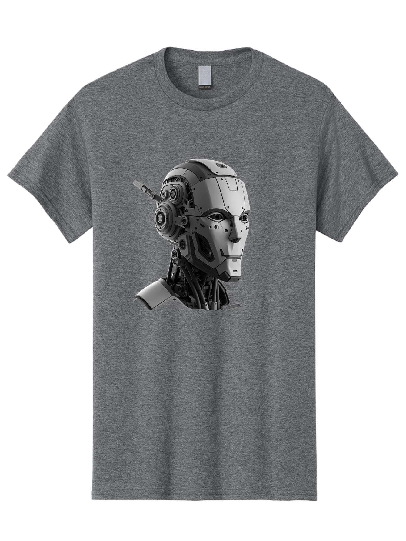 Robot-Head Men'S Graphic Tee, 100% Cotton, Comfortable Casual Summer Wear, Machine Washable, Robotic Head, Futuristic Design, Mechanical Face, Gray Metallic Finish, Technological Innovation, Advanced Robotics, Artificial Intelligence, Bab352