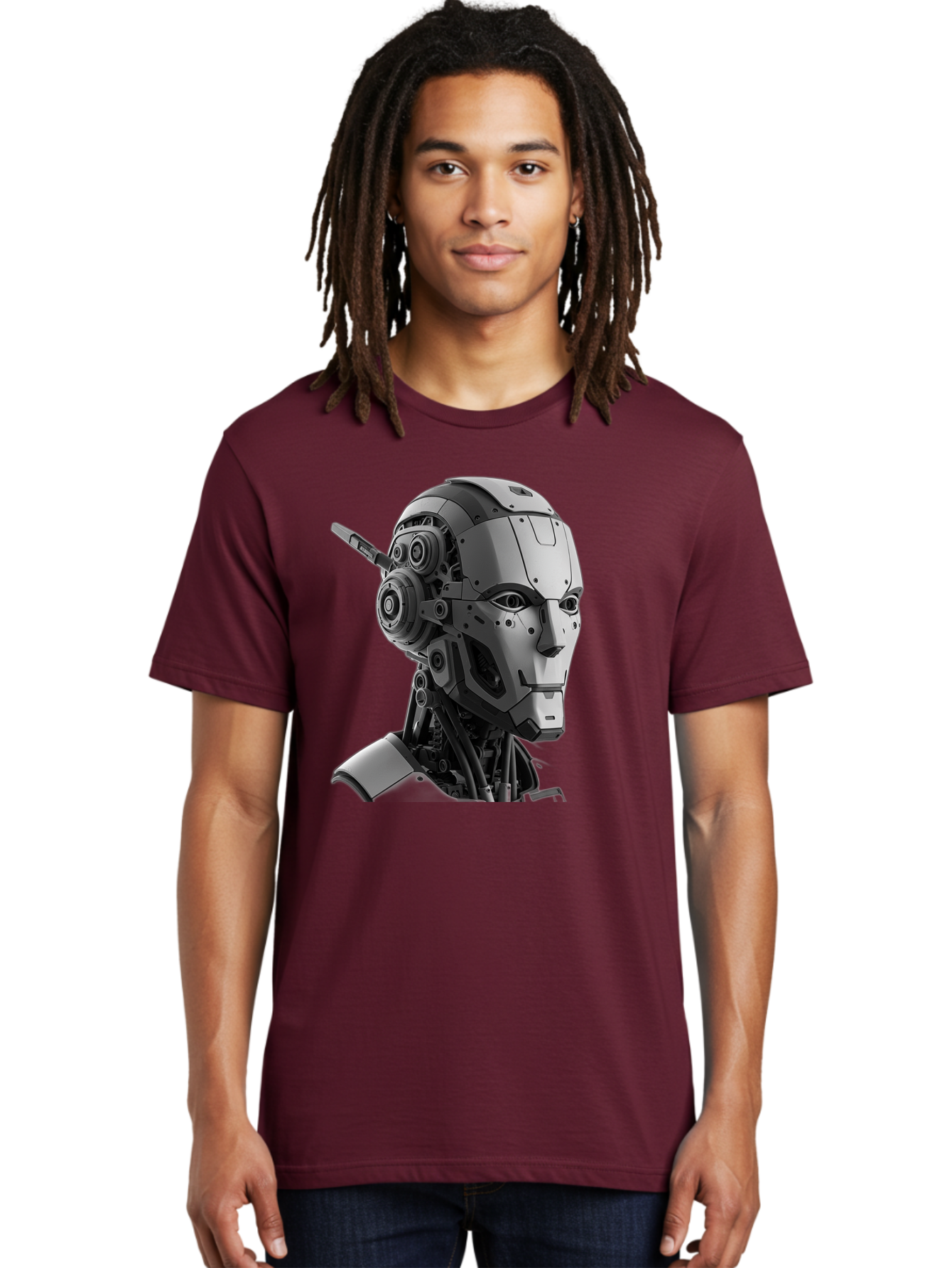 Robot-Head Men'S Graphic Tee, 100% Cotton, Comfortable Casual Summer Wear, Machine Washable, Robotic Head, Futuristic Design, Mechanical Face, Gray Metallic Finish, Technological Innovation, Advanced Robotics, Artificial Intelligence, Bab352